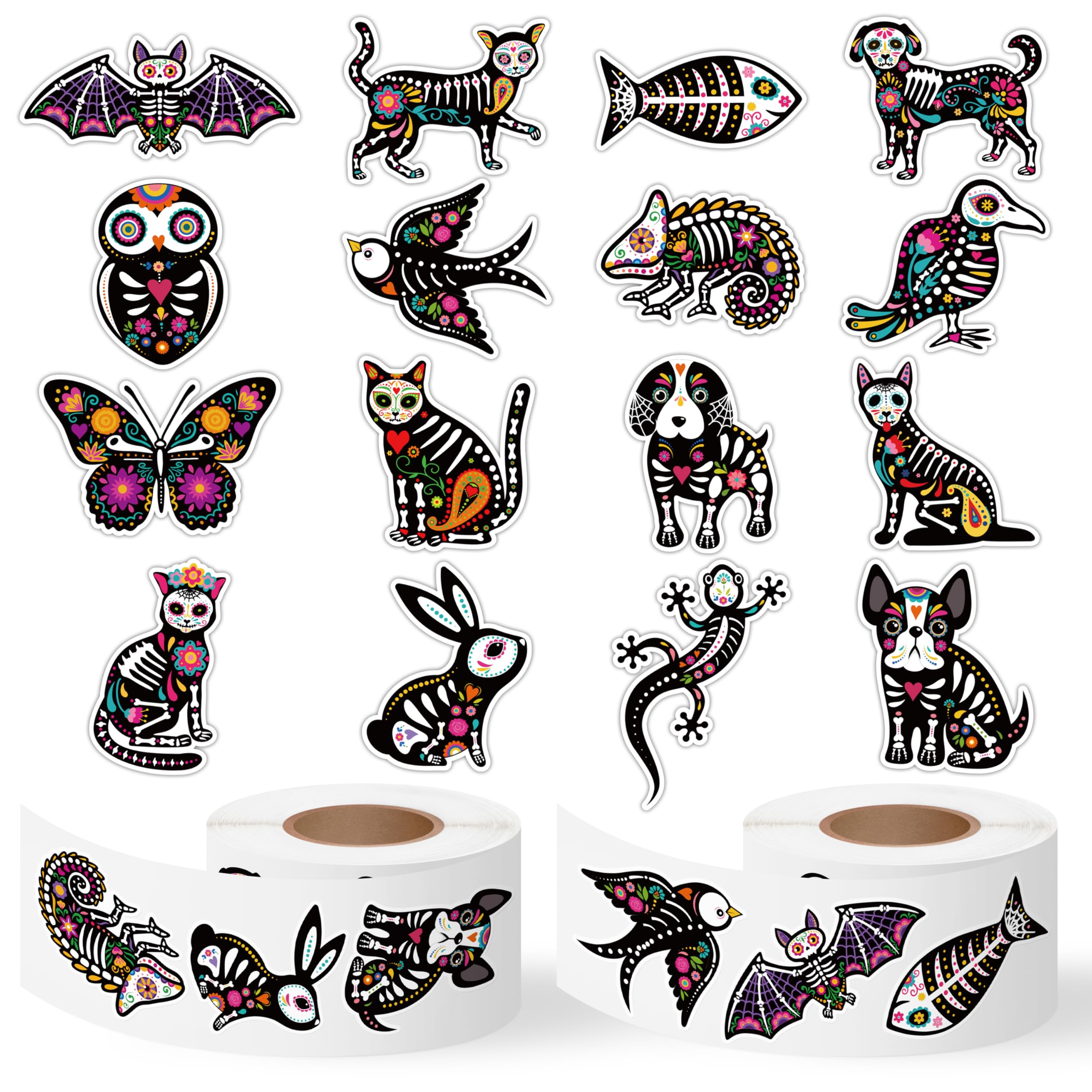 DSjuedui Sugar Skull Animals Roll Stickers - 1000Pcs Dia de Los Muertos Cats Dogs Skeleton Stickers for Kids, Halloween Animal Vinyl Decals for