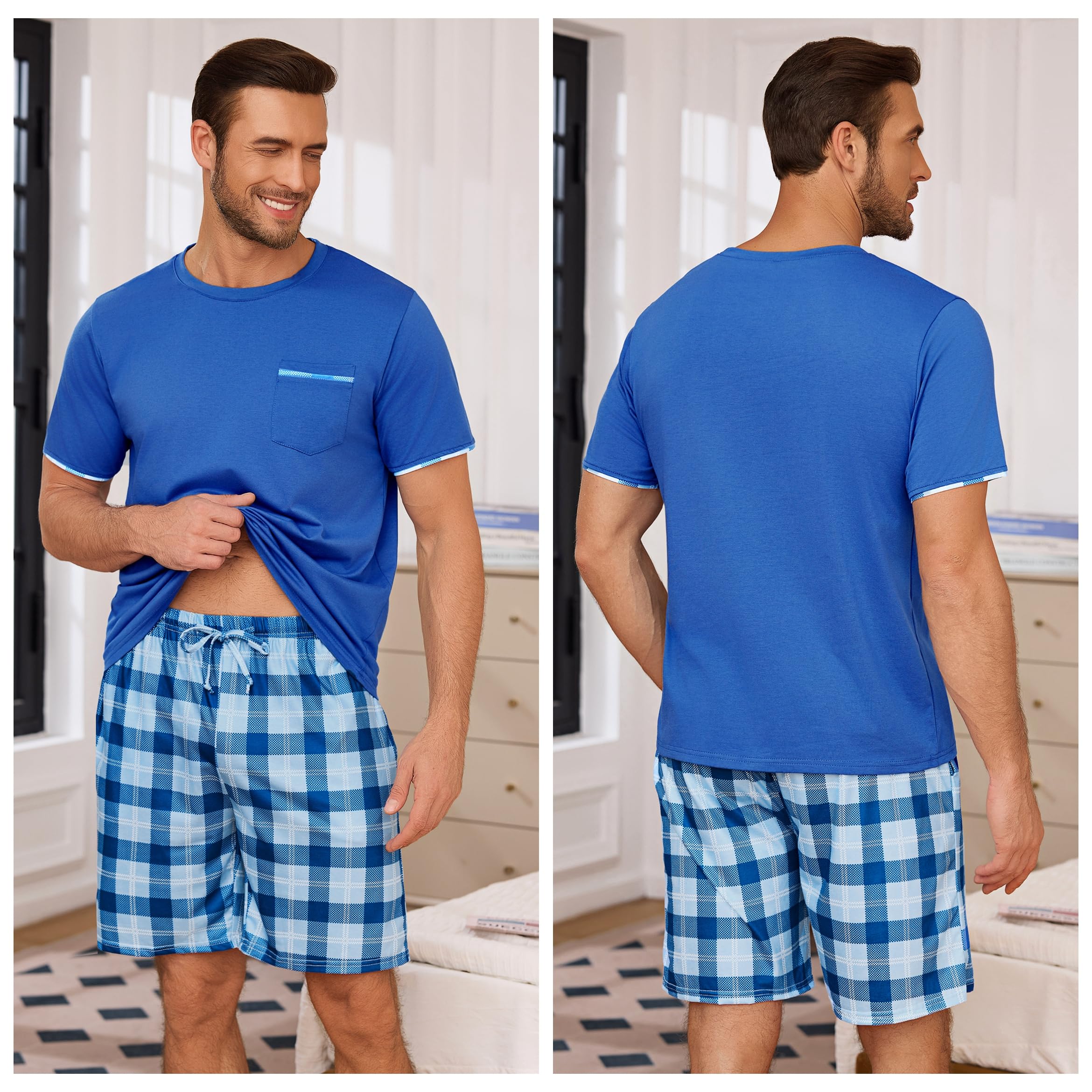 Pijama Verano Hombre Conjunto de Pijama Corto Pantalones a Cuadros Pijama Manga Corta Ropa de Dormir para Hombres