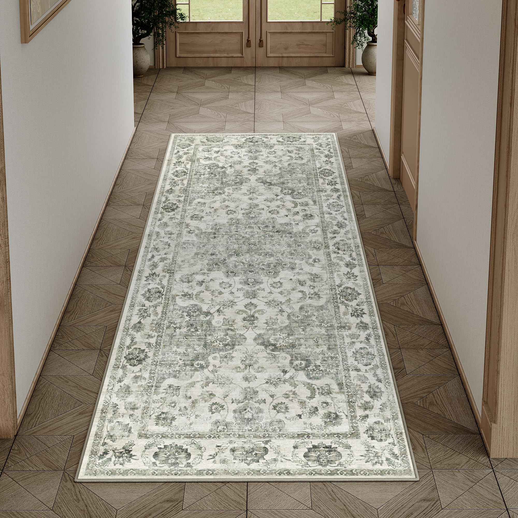 wondrg 2x5 washable neutral runner rug green hallway kitchen non-slip low pile floral carpet vintage retro soft thin small throw rug for bathroom bedroom entryway indoor entrance