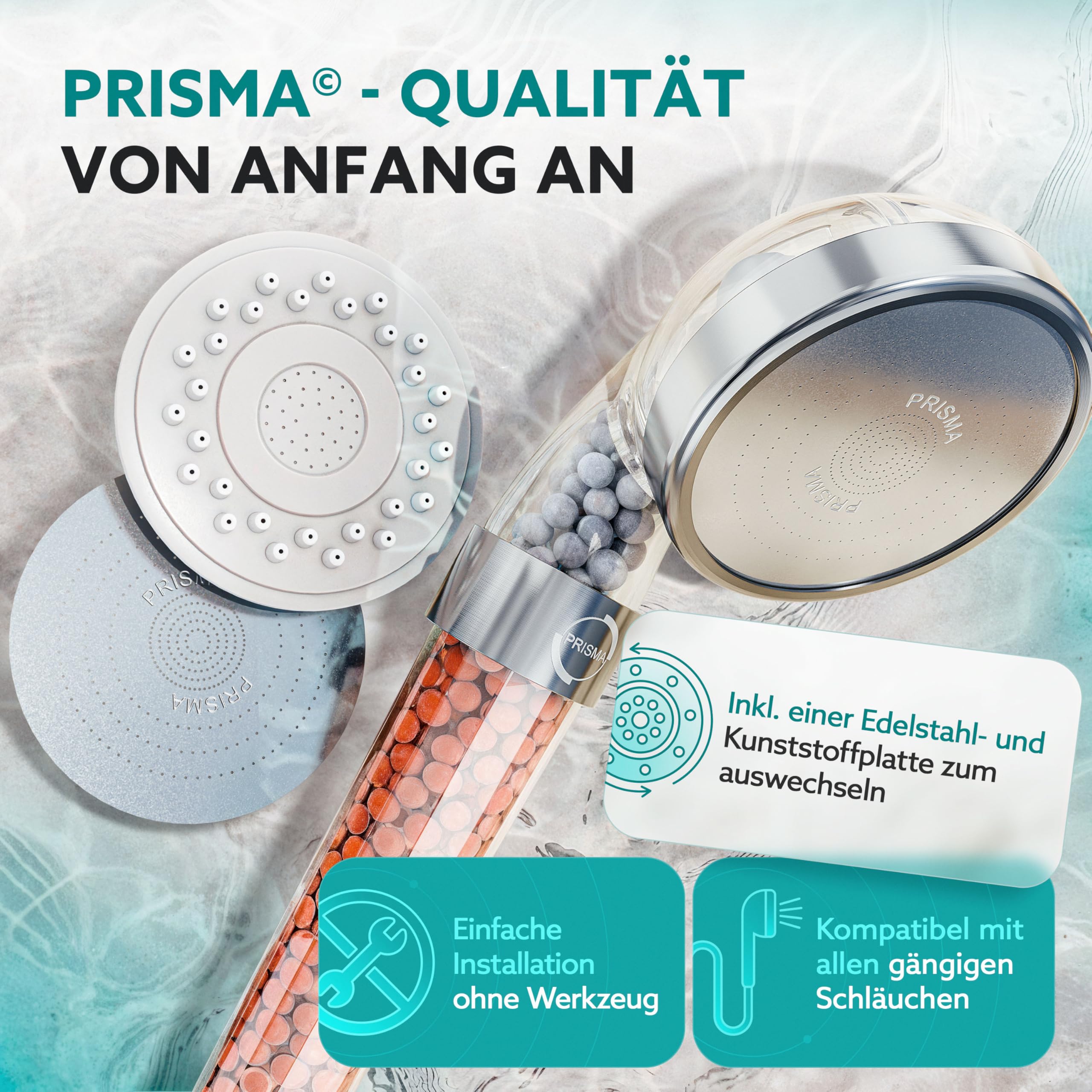 PRISMA Duschkopf für ein einzigartiges Duscherlebnis - Mehr Wasserdruck, Wassersparend, 3 Funktionen mit Filter, Regendusche Handbrause Brausekopf Massage