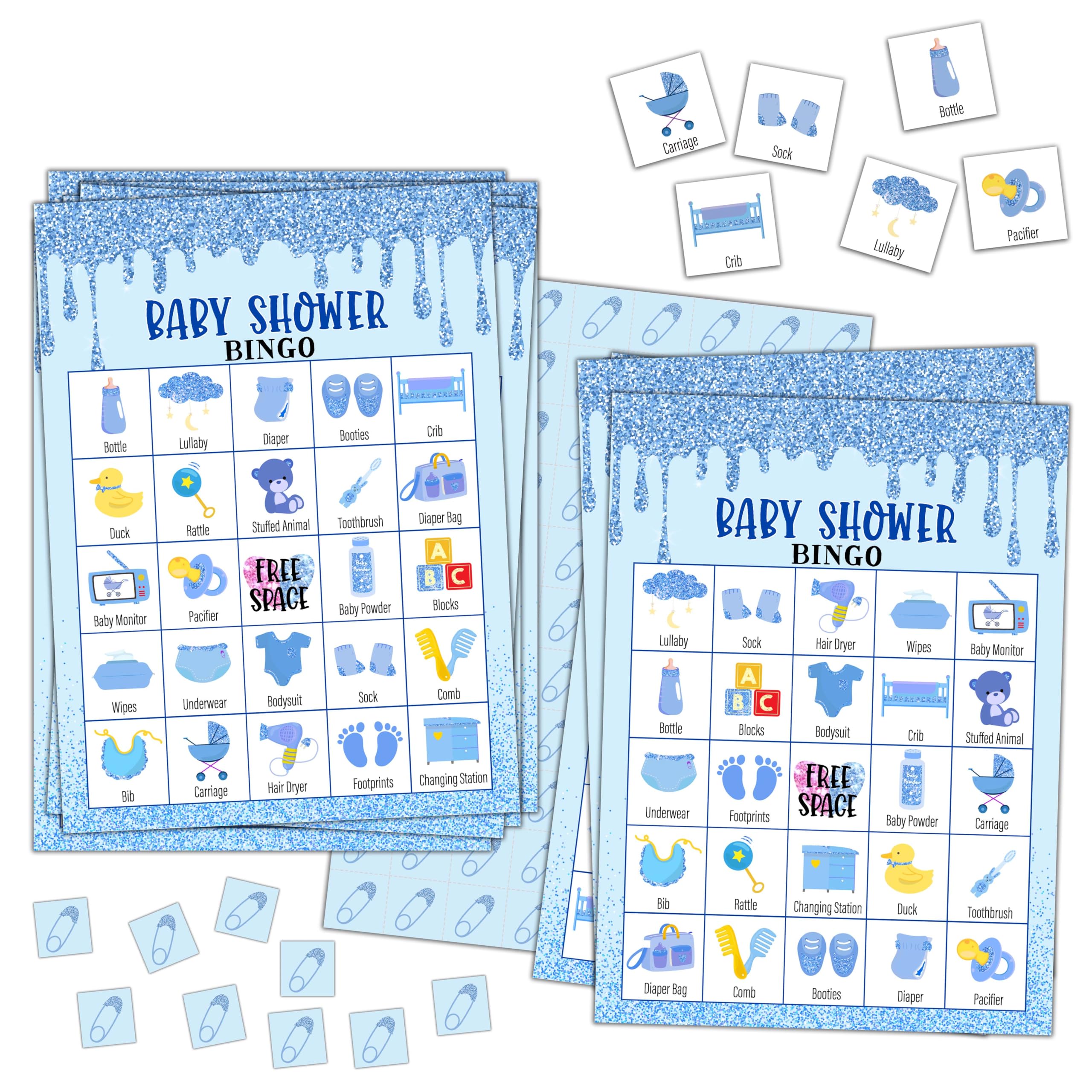 TCHOND Blue Glitter Bingo Game Cards for Adults, Bingo Cards for Family Holidays Friends, Ideal Gifts for Gender Reveal Party Games, 24 Players Birthday Party Supplies Favors, 02