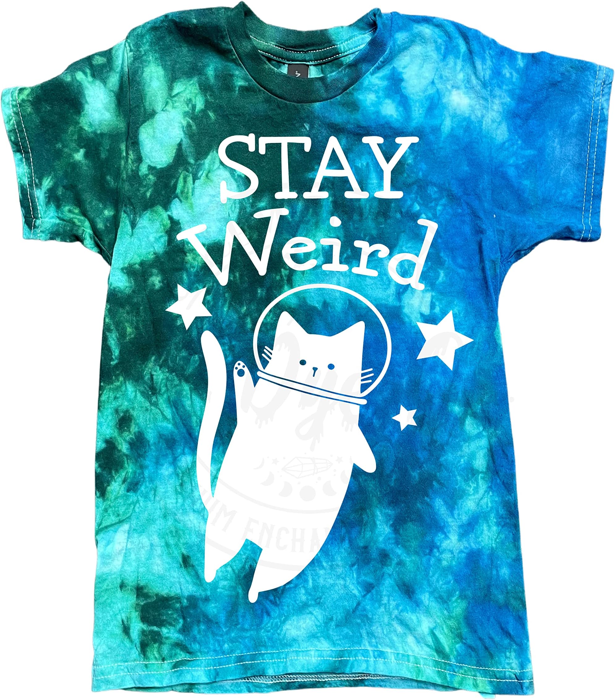 Salem Sisters Tie DyeStay Weird Cat Shirt Boys Girls Shirts Graphic T-Shirt Tie Dye Colors Kids Unisex Short Sleeve Tee Shirts Blue and Green Tees Sizes (M)