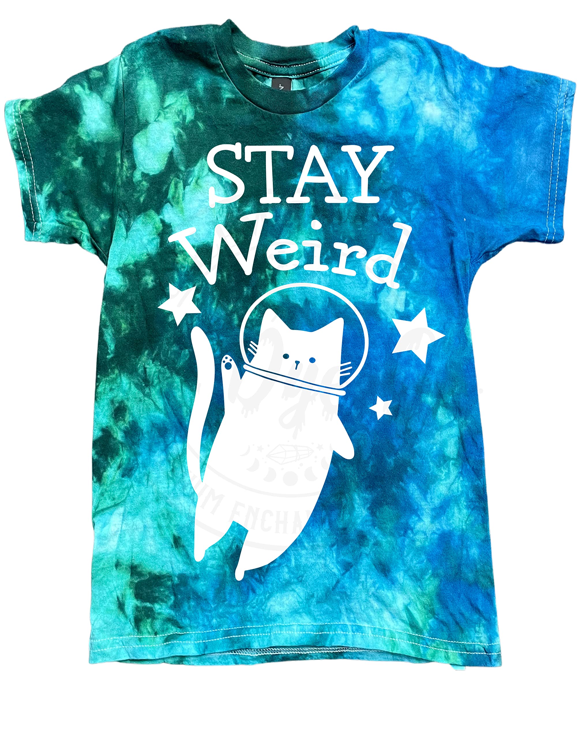 Salem Sisters Tie DyeStay Weird Cat Shirt Boys Girls Shirts Graphic T-Shirt Tie Dye Colors Kids Unisex Short Sleeve Tee Shirts Blue and Green Tees Sizes (M)