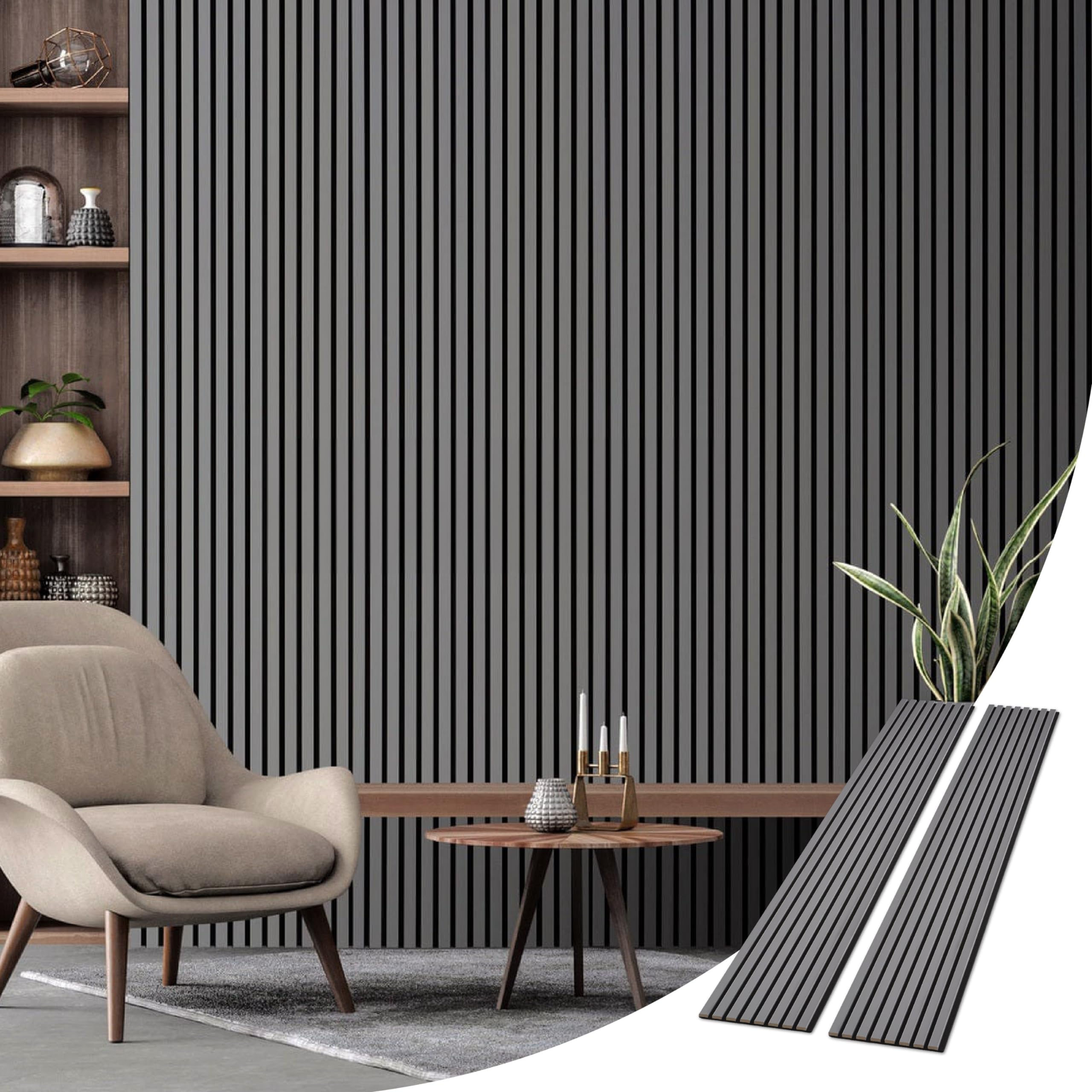 WVH Slatpanel Matte Gray Veneer – Acoustic 3D Textured Wood Panels for Walls & Ceilings | Decorative Panels for Homes, Offices & Studios | 2 x-94.49” x 12.6” | Veneer, MDF, Felt