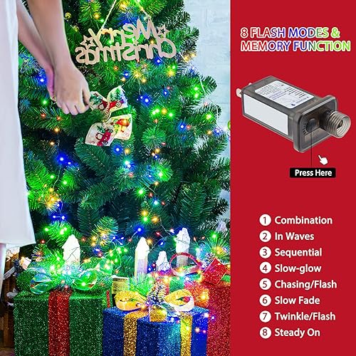 Miniatura 6 de Luces de árbol de Navidad, 7 pies, 640 luces LED en racimo con 8 modos y temporizador, 8 cadenas de luces de hadas con control remoto, luces de