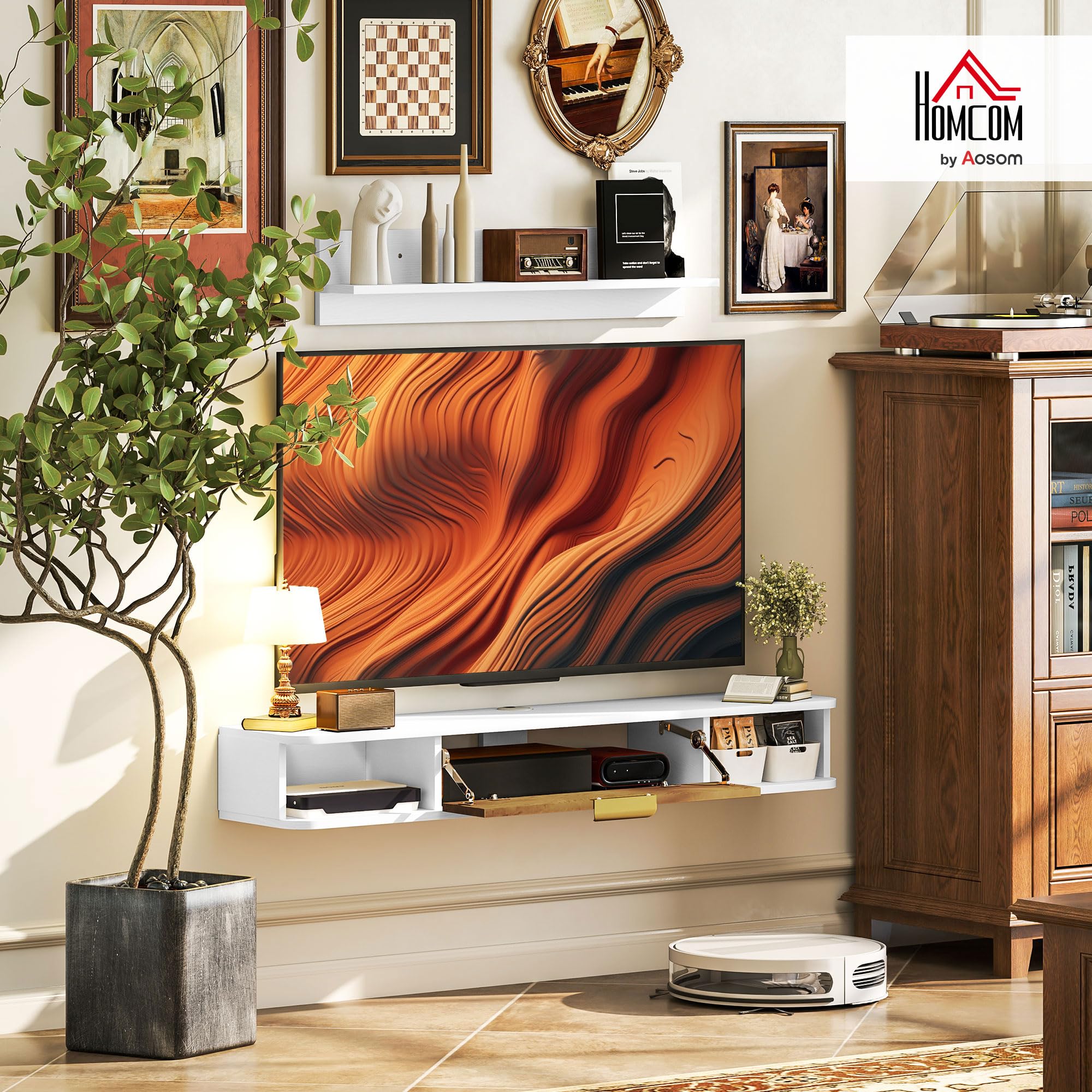 HOMCOM Conjunto de Muebles de Salón, Muebles de TV con Estante de Pared, Puerta, Estantes Abiertos, Orificios para Cables, para Televisión de Pared, 120x24x16 cm, Blanco