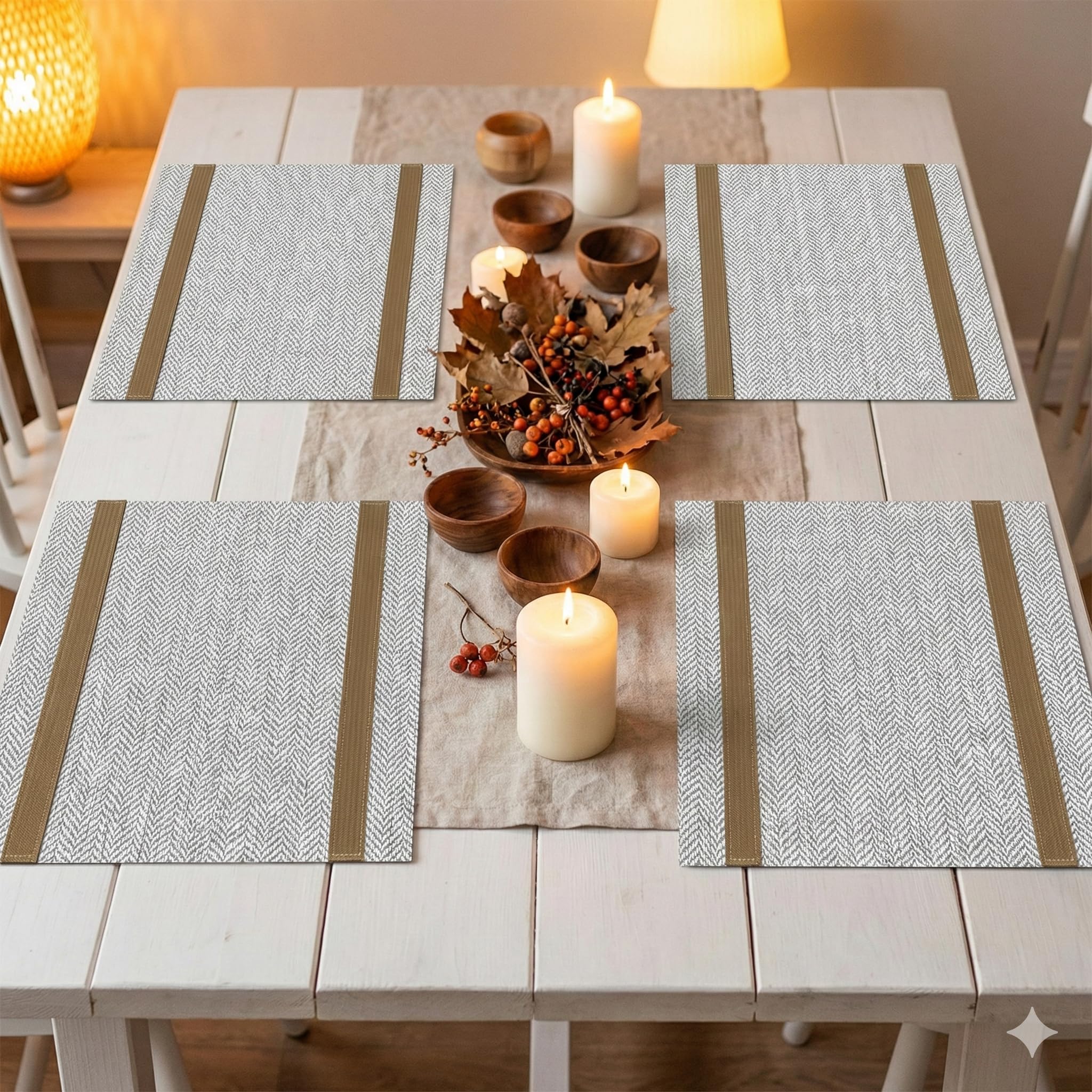 YELONA Placemats Set of 4, Heat-Resistant Woven Vinyl Table Mats, Non-Slip & Washable Dining Tablemats for Kitchen & Dinner Decor, Beige & Gold (45cm x 30cm)