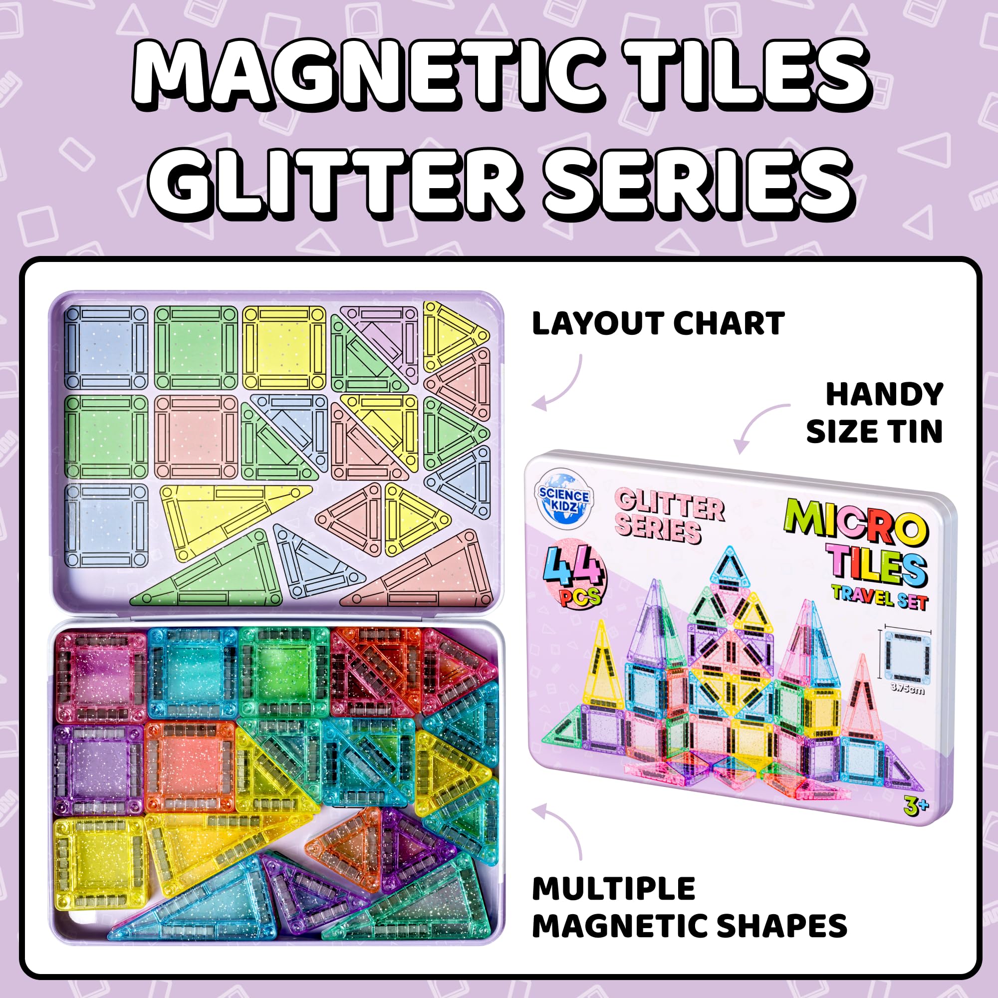 Science Kidz 44-Piece Glitter Series Mini Magnetic Tiles Travel Set, 44 Magnet Building Tiles & Storage Tin - Image 2