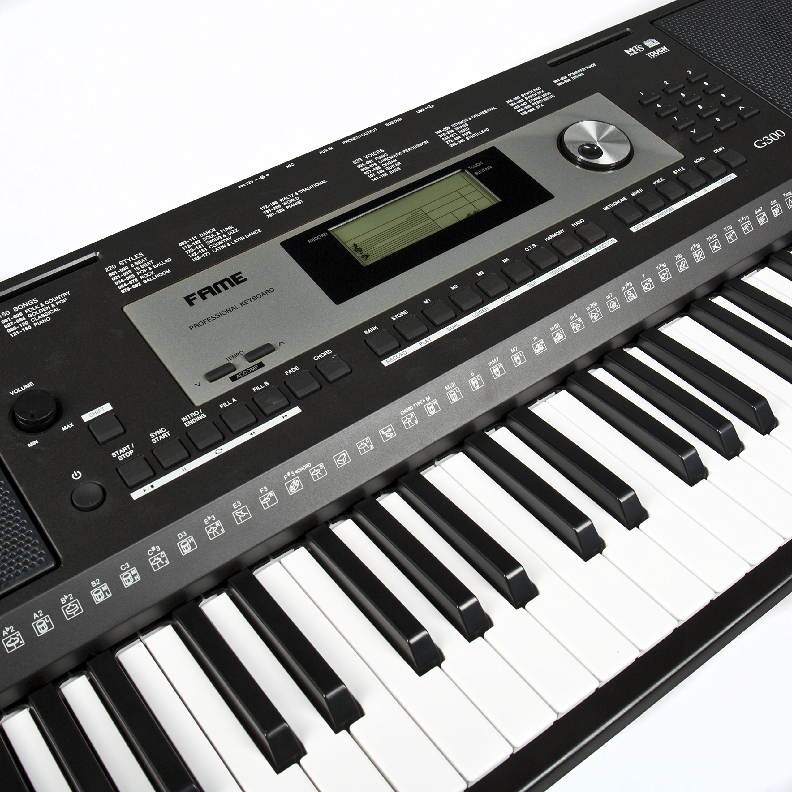 Fame G-300 Keyboard, E-Piano mit 128-facher Polyphonie, 61 Tasten, 220 Styles, 633 Sounds, anschlagdynamischer Klaviatur, 150 Songs, Lautsprechern und Hammermechanik, Schwarz
