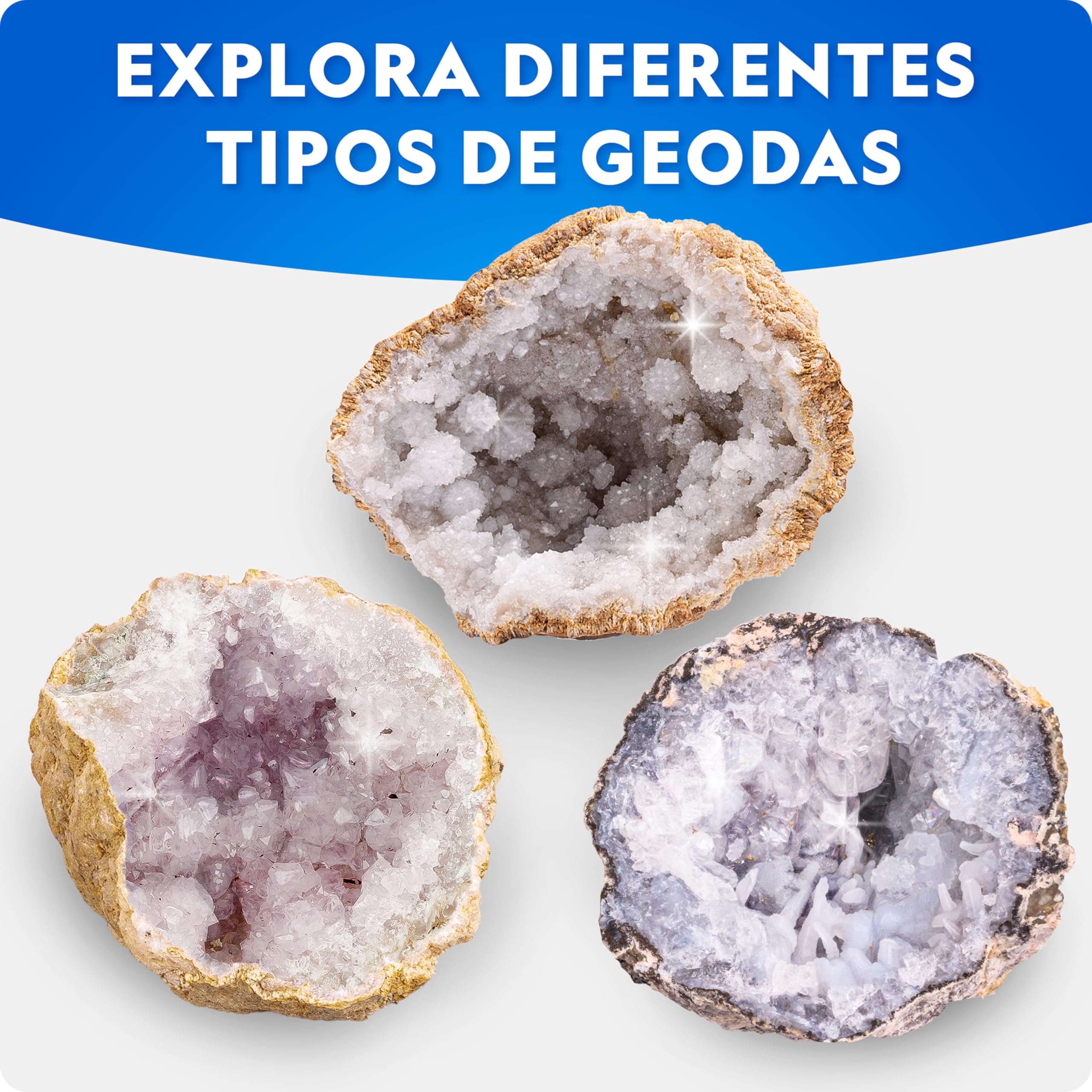National Geographic Kit de Geodas Jumbo para Romper – Regalo de Ciencias CTIM para Niños y Niñas, Rompe Tus Propias Geodas + Gafas de Protección & Soporte de Exhibición