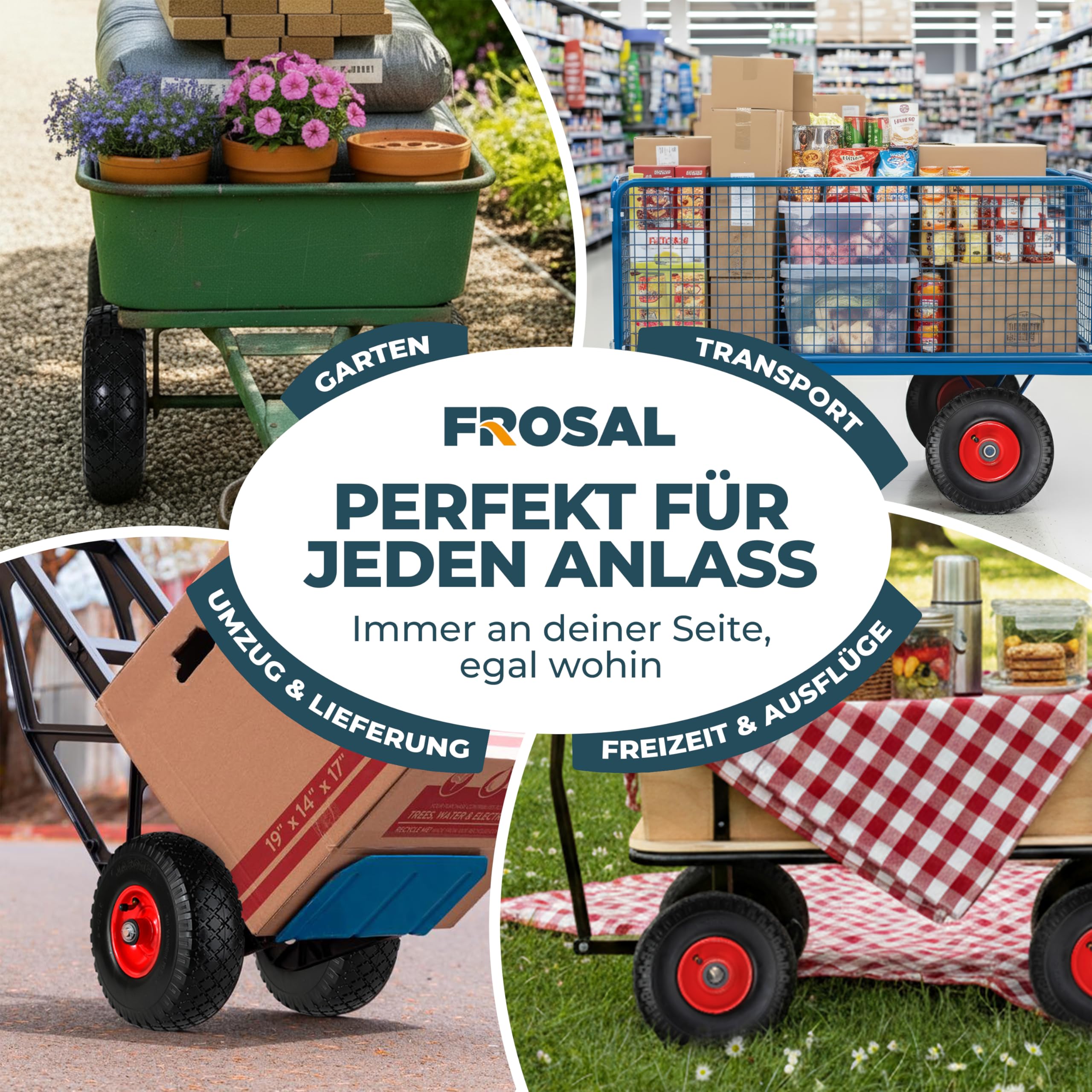 FROSAL 2x Luftrad 260mm (3.00-4) mit roter Stahlfelge – Ersatzrad für Bollerwagen & Sackkarre – Luftreifen mit Rollenlager, 20mm Achse – belastbar bis 150kg