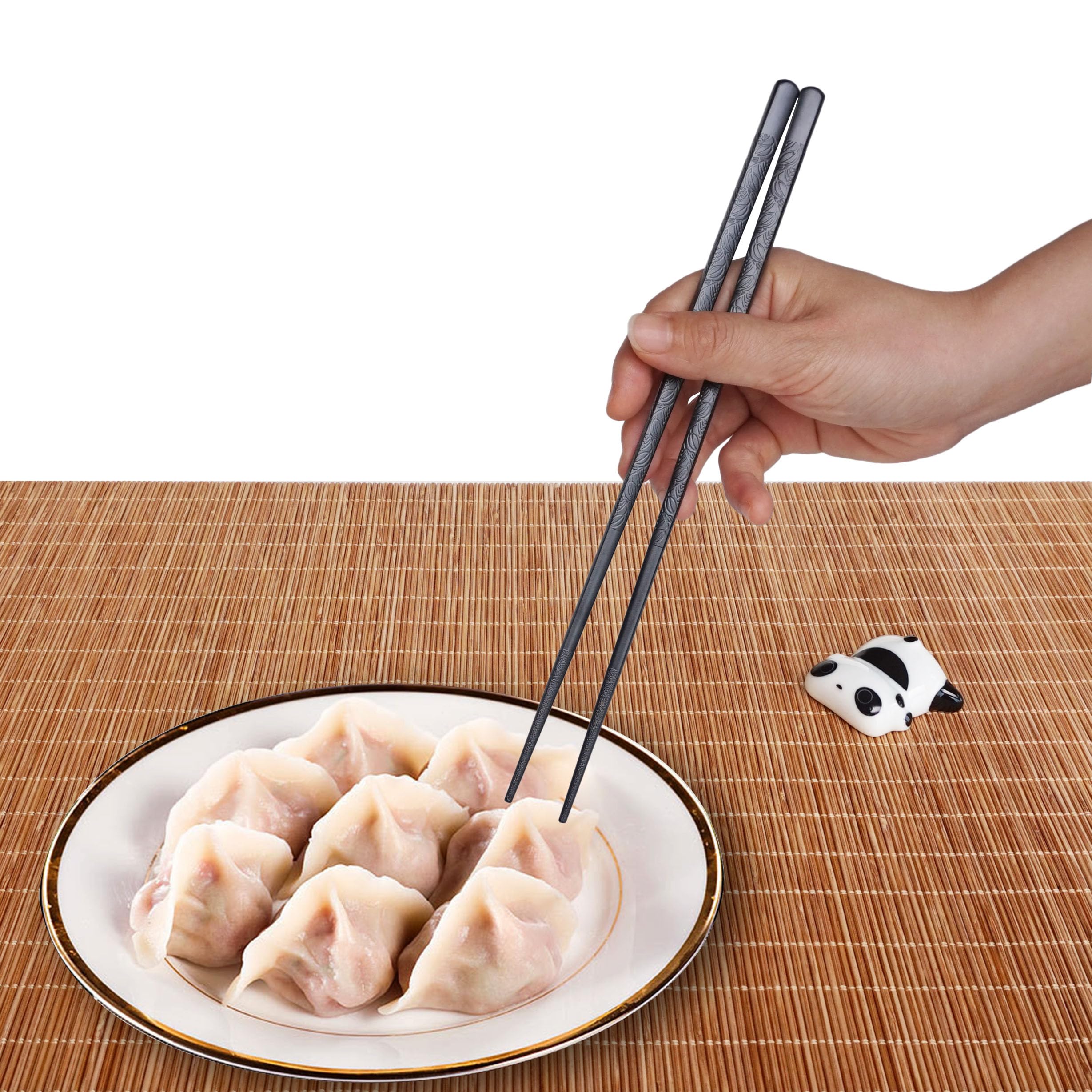 Set di Bacchette Riutilizzabili in Fibra di Vetro - 2 Paia con Portabacchette a Forma di Panda - Design Carino Cinese - Lavabile in Lavastoviglie - Ideale per Sushi, Hot Pot, Regali (Nero)