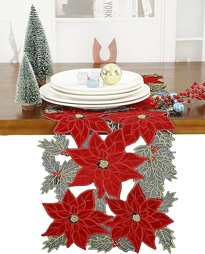 GRANDDECO Camino de Mesa Navideño para Fiestas Campestres Bufandas de Tocador Bordadas con Flores de Nochebuena Navideñas Xmas para Casa Cocina Mesa