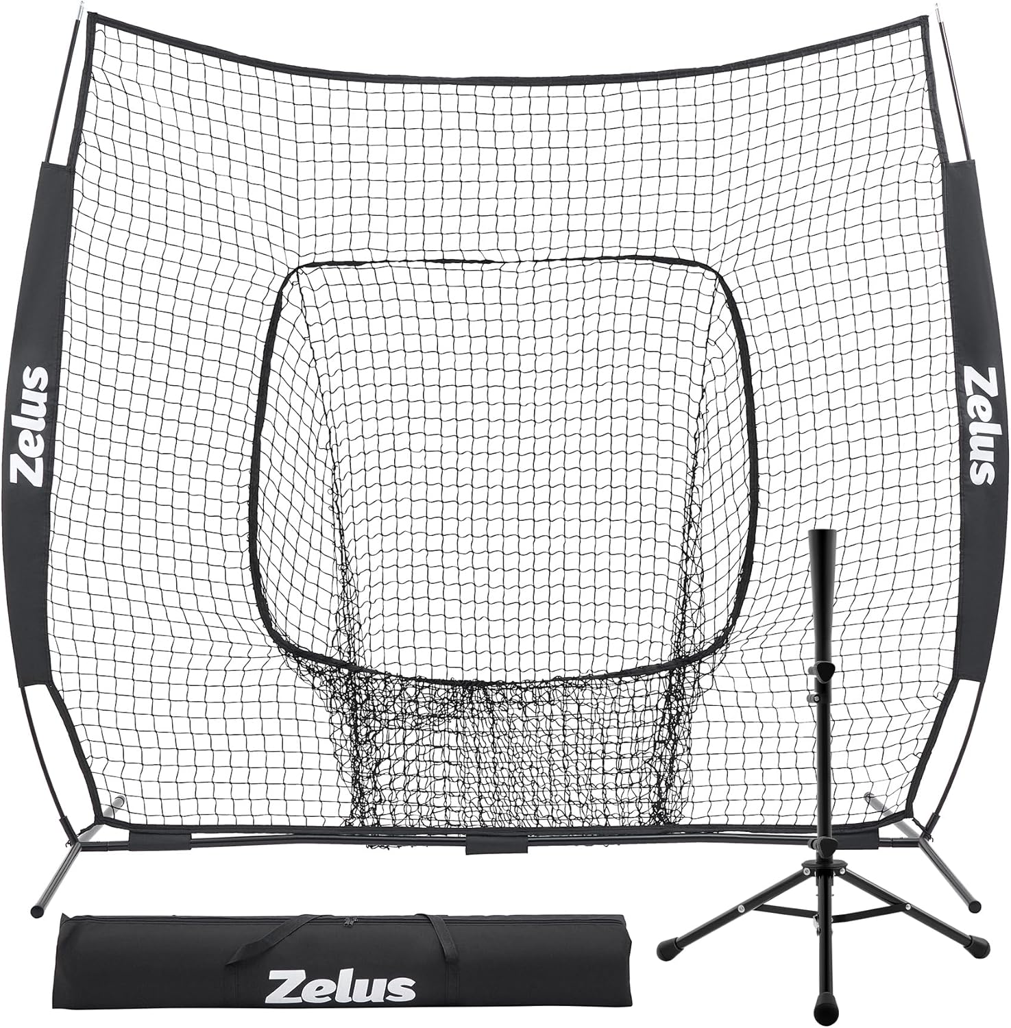 Zelus 7'x7' baseball & softball practice net with adjustable batting tee