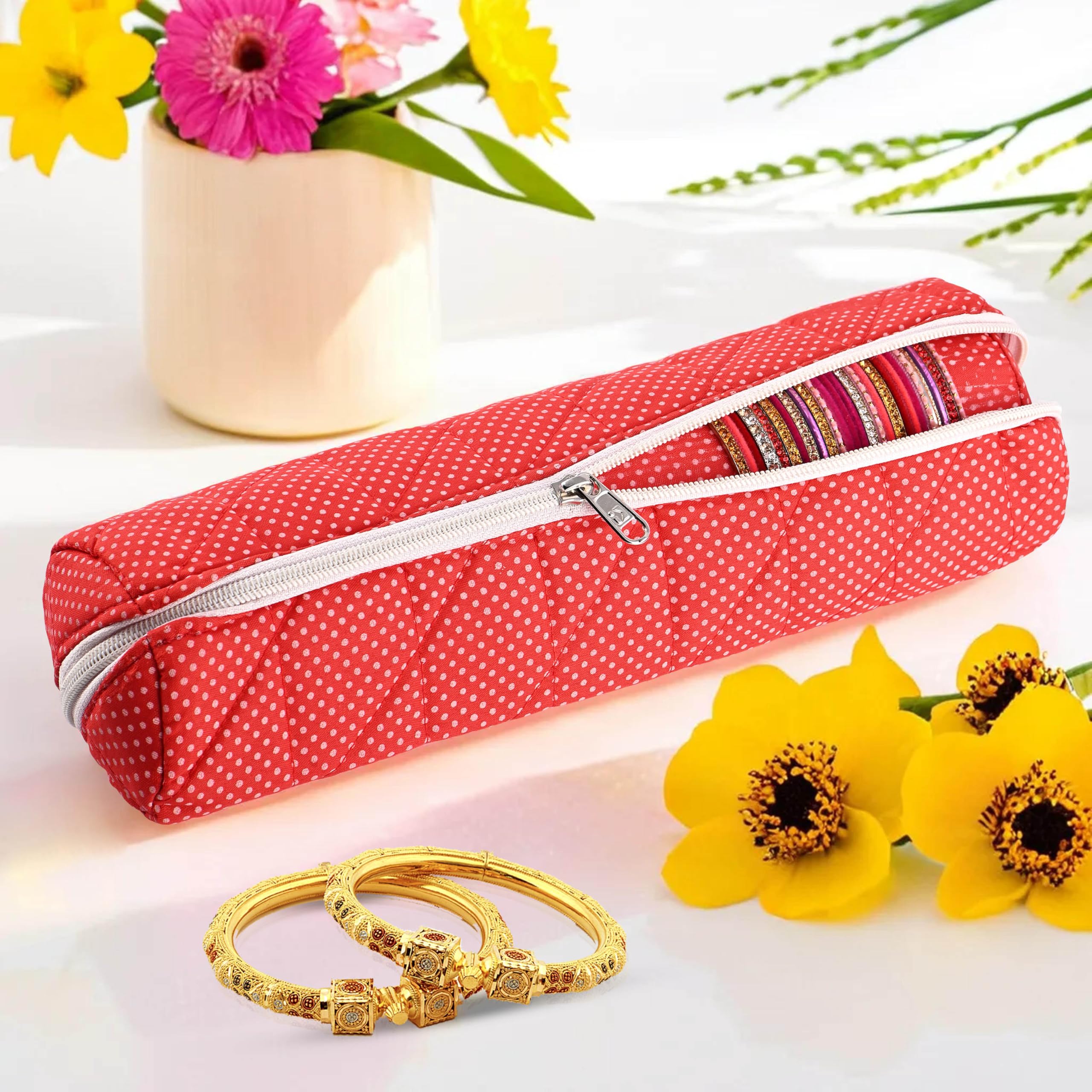 Kuber Industries Single-Rod Bangles Organisers Storage Box | Gold Jewellery Pouch & Bracelet/Chudi Case Holder for Women | Polka Dots - Red