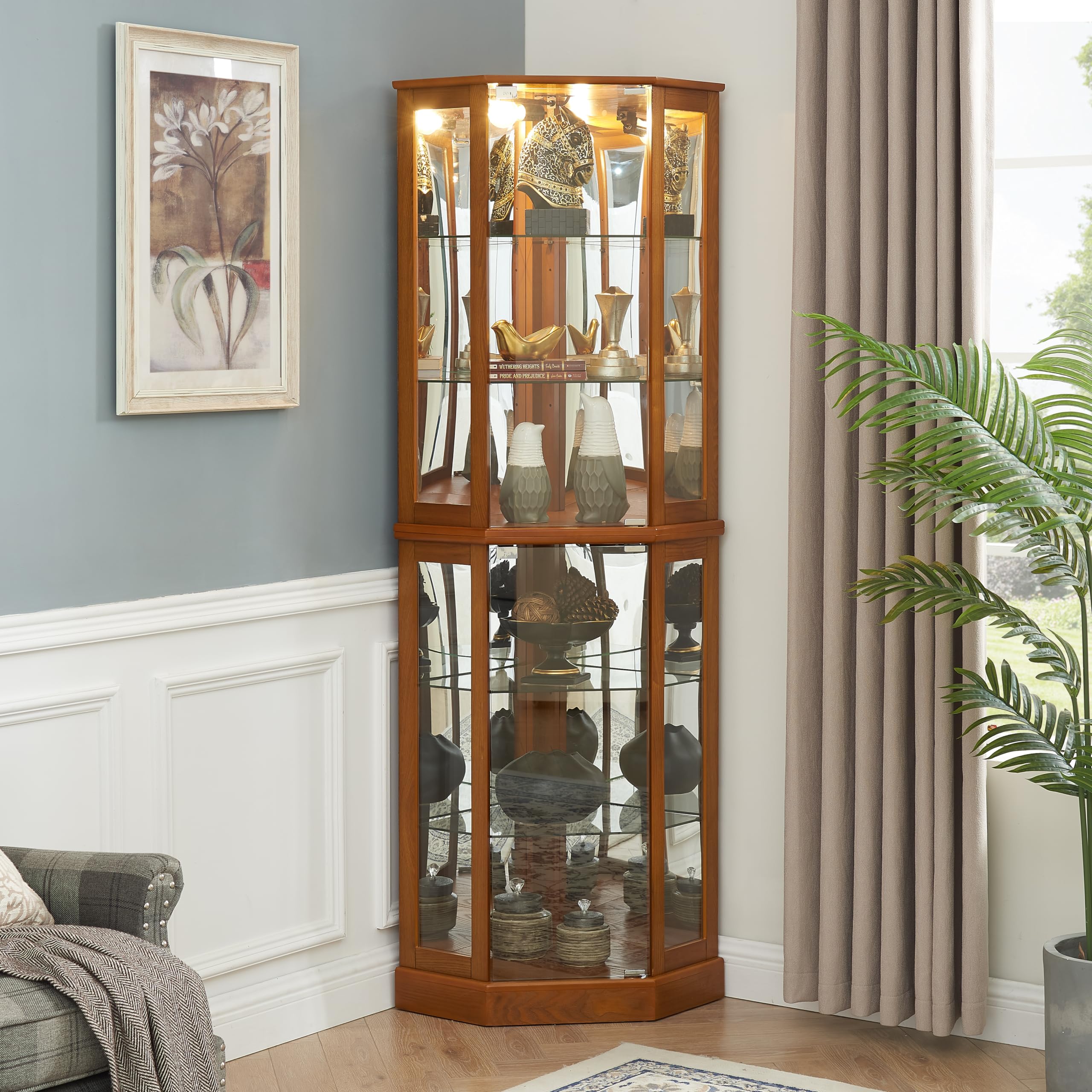 Lighted Corner Display Cabinet with Glass Doors, Wooden Curio Cabinet with Adjustable Shelves & Curved Design, Vintage Storage Cabinet with Mirrored Back for Home, Office, Bar, Oak