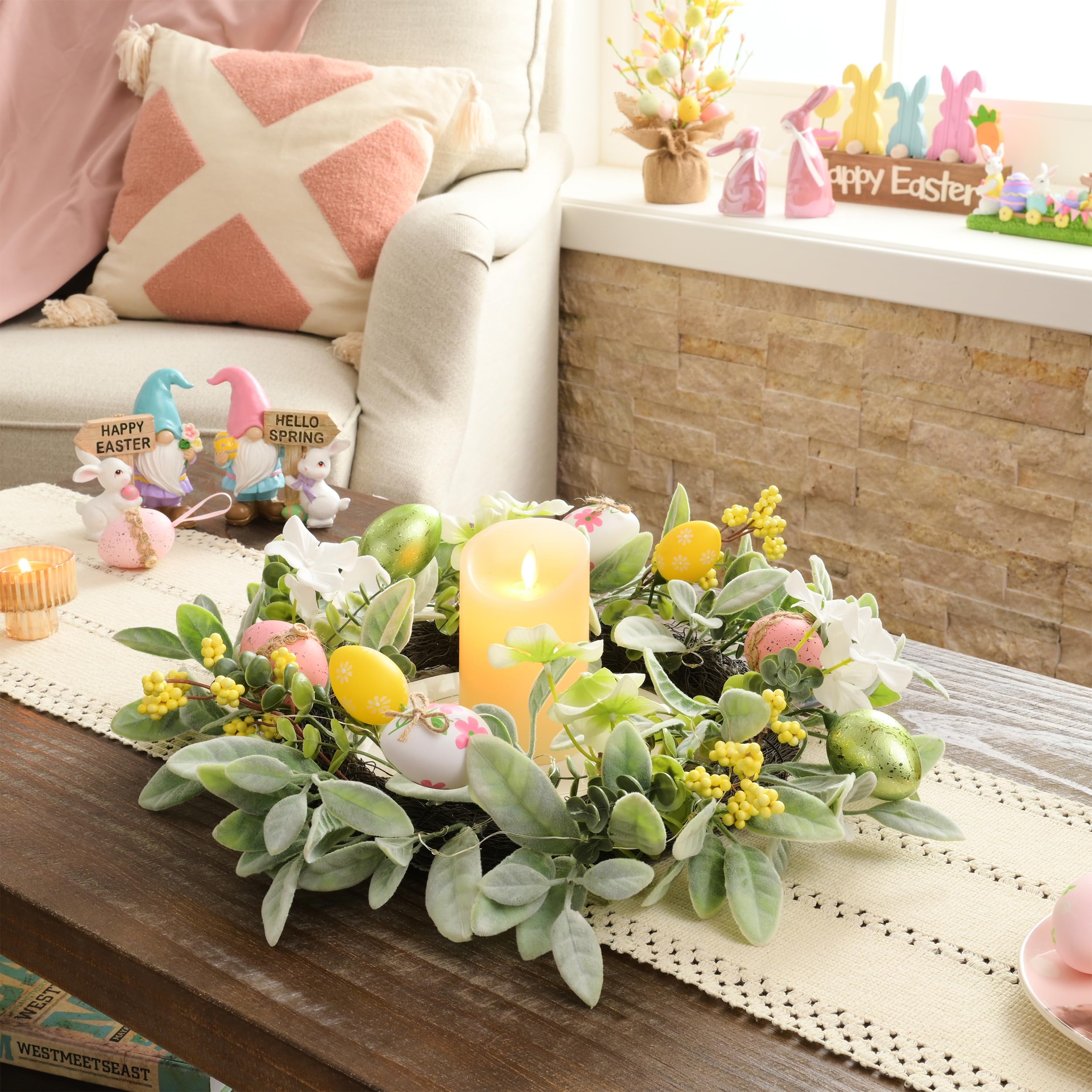Bibelot 18 Inch Easter Spring Wreath - Colorful Eggs, Eucalyptus Leaves & Berries For Door Decor