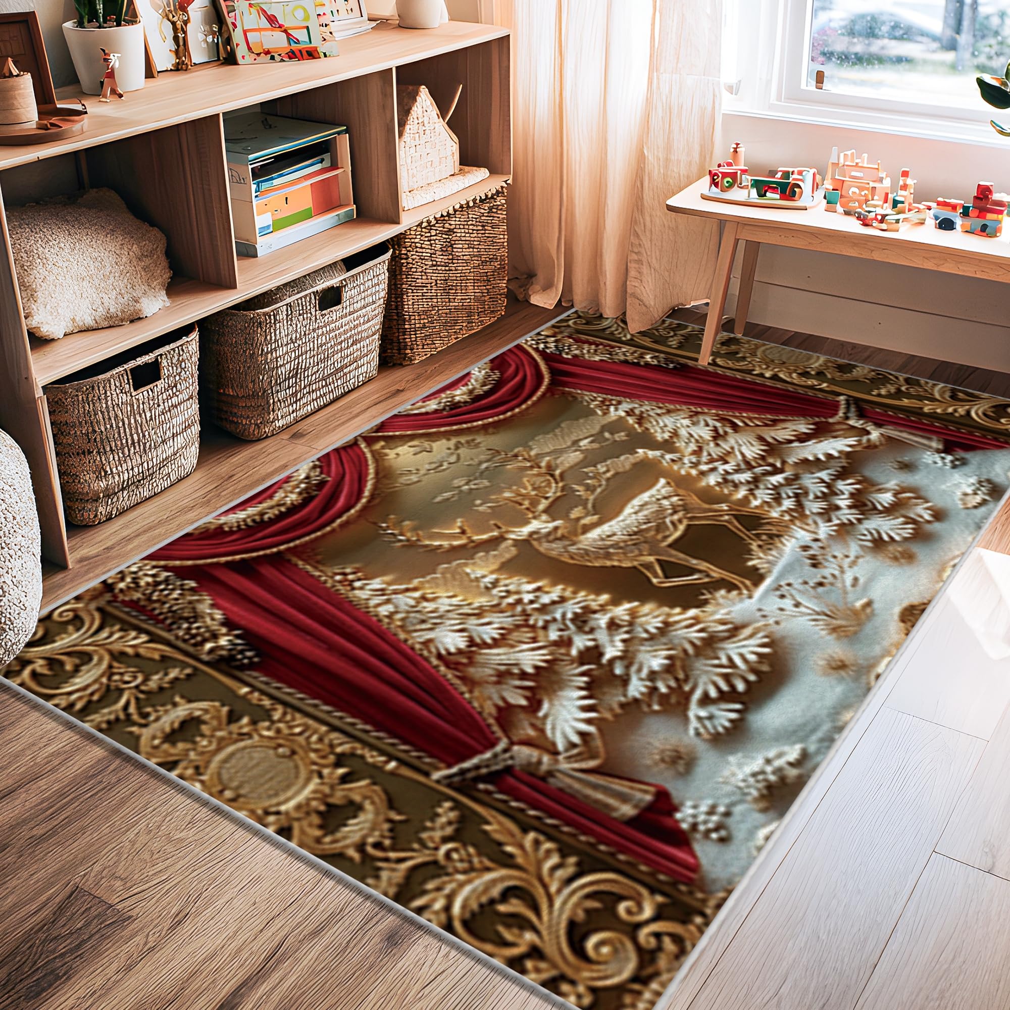 Rentier-Teppich, weihnachtlicher festlicher Vorhang, Schnee, Weihnachten, Rot, niedriger Flor, ästhetisch, rechteckig, für Wohnzimmer, Schlafzimmer, Flur, Büro, Dekoration, 122 x 150 cm