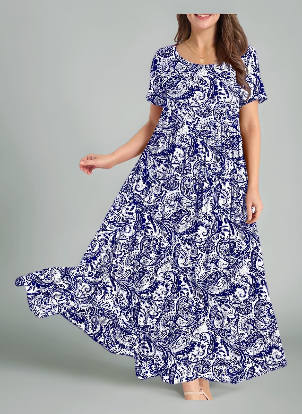 Women Dresses Casual Plus Size Bohemian Short Sleeve Floral Long Maxi Summer Beach Swing Dress/Pockets EJFUK