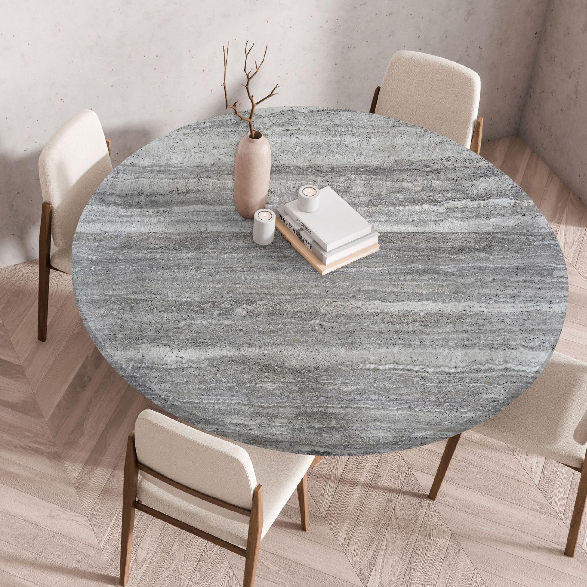 Chickwin Round Waterproof Table Cloth Wipe Clean Elastic Edged Fitted Tablecloths, Wood Grain Tablecloth Heat Resistant Round Tablecloths for Holiday, Party (Diameter 120cm,Gray Wood Grain)