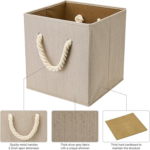 Miniatura 4 de i BKGOO Contenedores plegables de almacenamiento de tela de bambú gris oscuro, organizador plegable resistente con asa de cuerda de algodón para