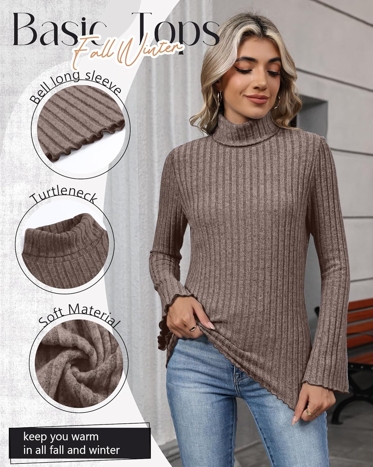 3 Pack Women's Turtleneck Sweaters Ribbed Knitted Bell Long Sleeve Pullover Shirt Basic Tops Fall Winter(Light Coffee, Apricot, Black,Large) - Image 3