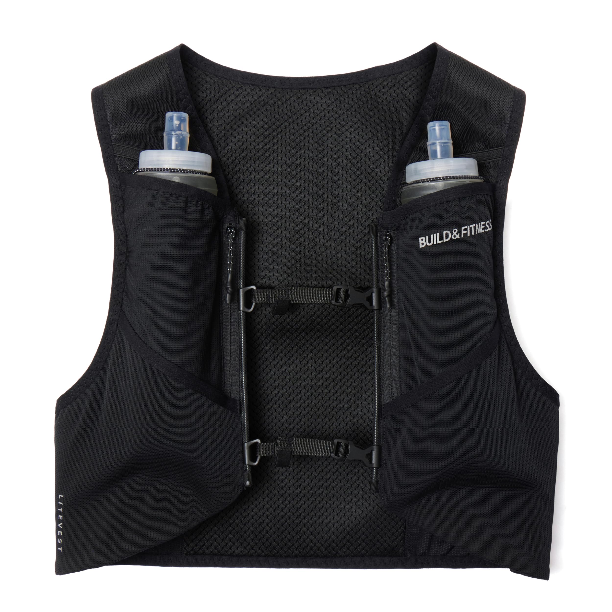 Gilet di idratazione LITEVEST Build & Fitness con 2 borracce morbide da 500 ml – 7 tasche, traspirante, comodo, sicuro ed elegante per trail running, maratone e corse quotidiane
