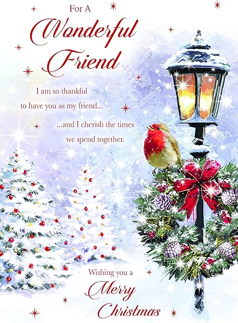 Wonderful Friend Christmas Card-Write From the Heart Range - Robin on Wreath - Foil & Flitter Finish