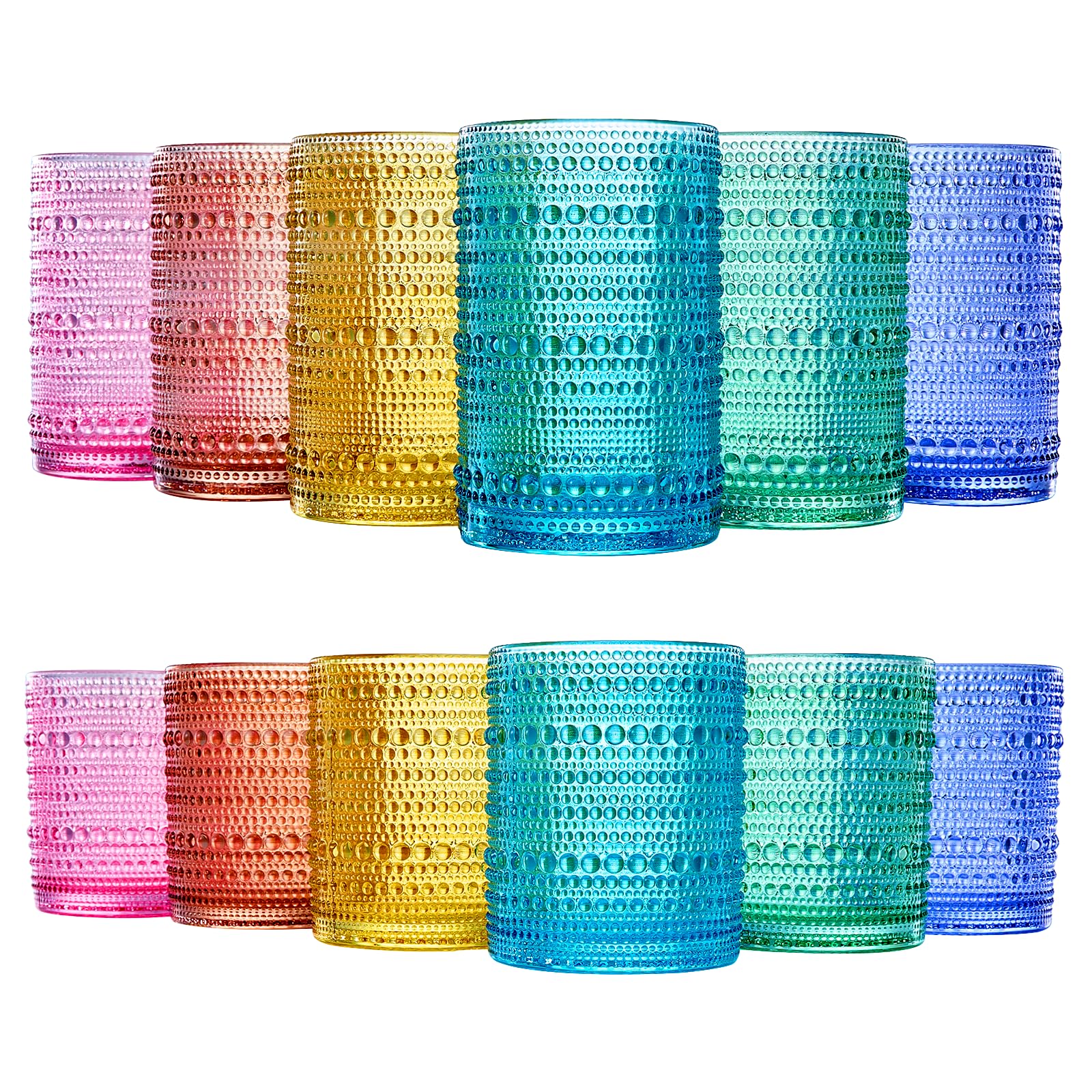 Khen Hobnail Beaded Highball Drinking Tumbler Glasses | Set of 12 | Color, Vintage Bubble Design Whiskey Glassware, Old-Fashioned, Embossed Design for Water, Wine, Cocktail Embossed, Rocks Glass