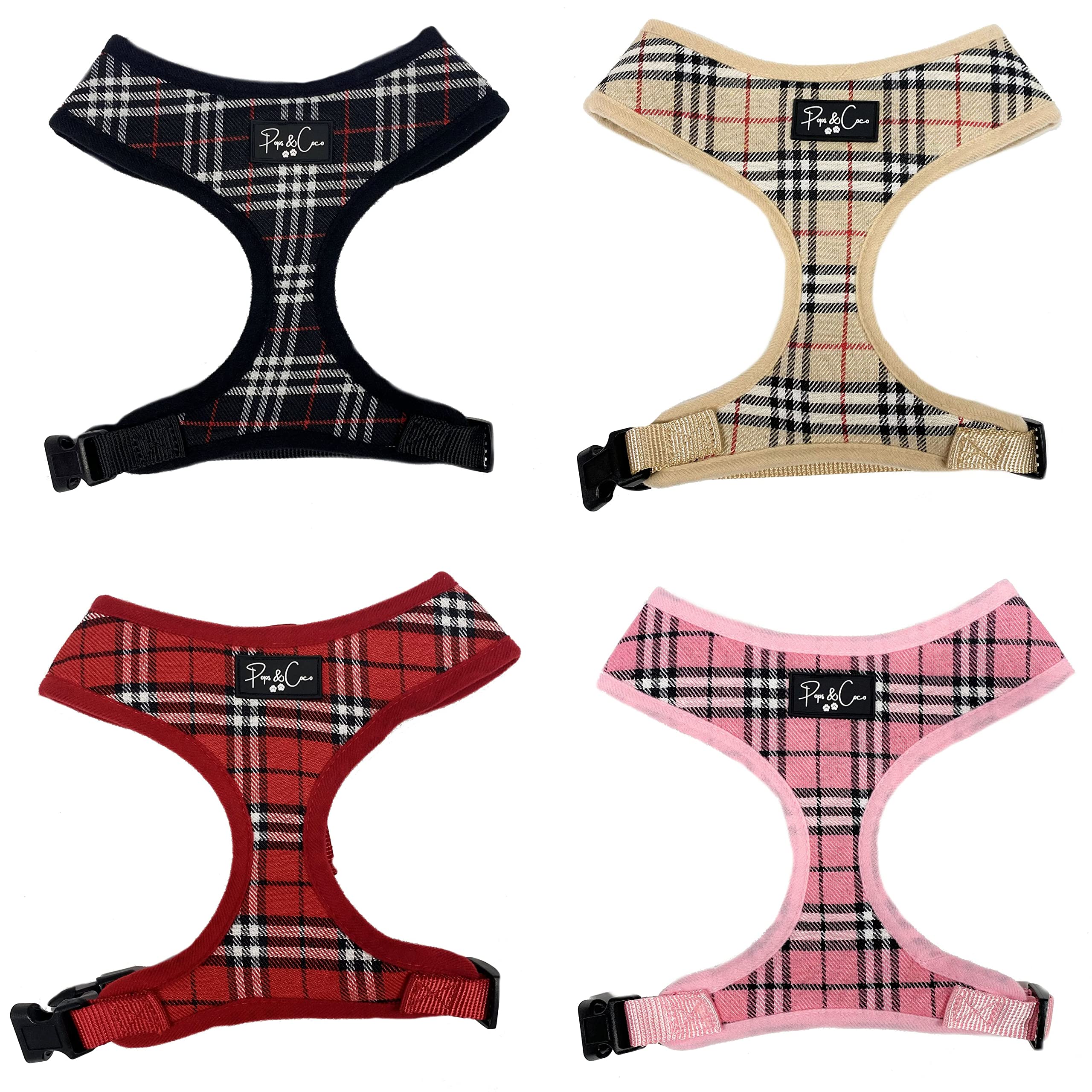 Plaid Adjustable Dog Harnesses Polyester Beige Black Baby Pink Red - Soft Padded - Chest Adjustable - D-Ring - Puupy to Adult Sizes (L, Baby Pink)