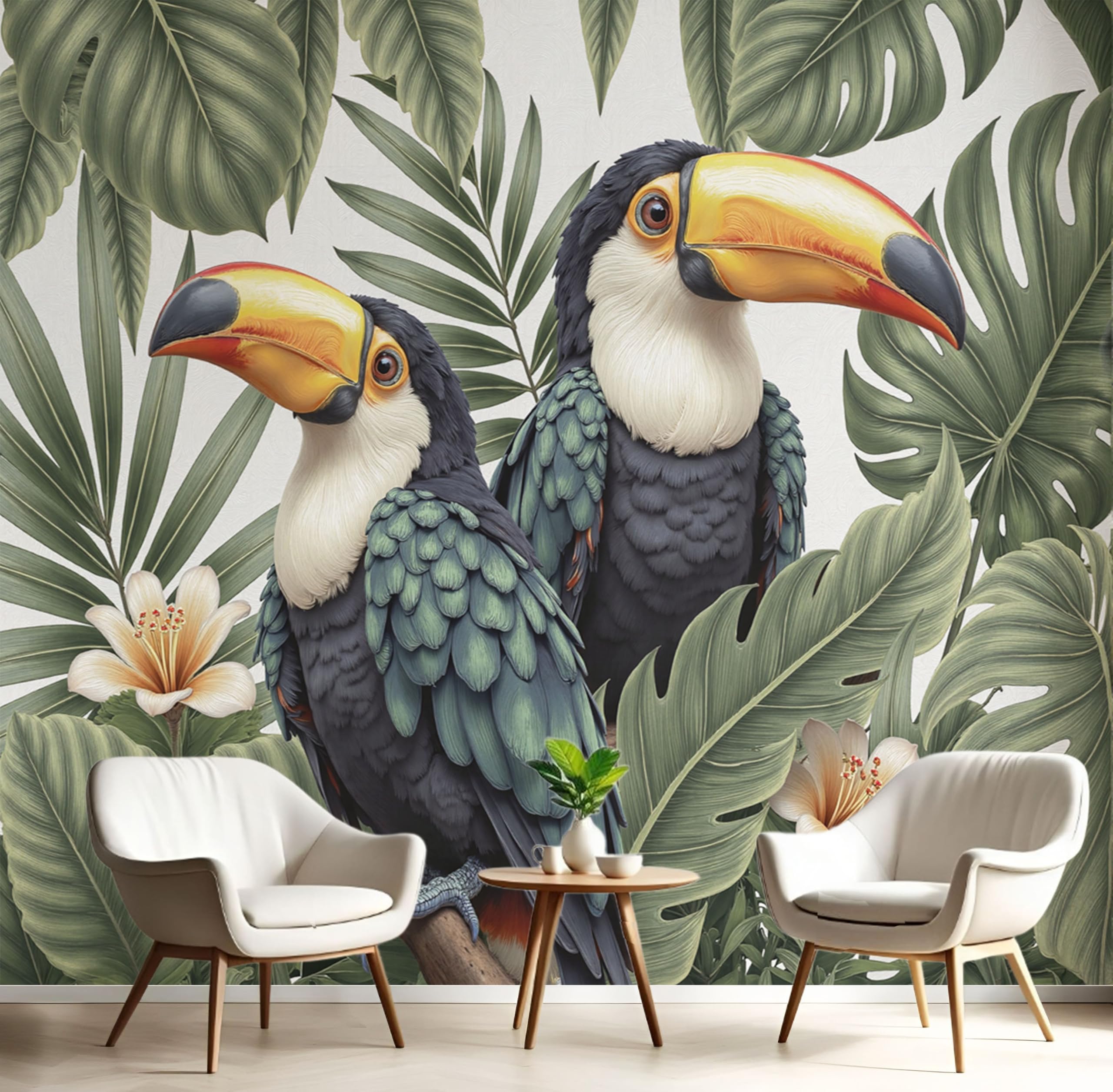 Papier Peint Panoramique Toucan et Tapisserie Murale Paysage Végétal Vert Olive