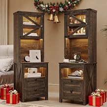 HWB Tall Nightstands Set of 2 with Gun Drawer, Farmhouse Night Stand with Charging Station and Storage Drawers, Bedisde Table with Led Lights for Bedroom, Rustic Brown