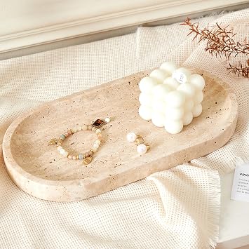 Denique Natural Travertine Tray, 12" Vanity Tray Oval Decorative Tray, Countertop Organizer for Perfume & Candles, Jewelry Dish Ring Holder for Bathroom Counter, Vanity, Dresser Travertine Beige