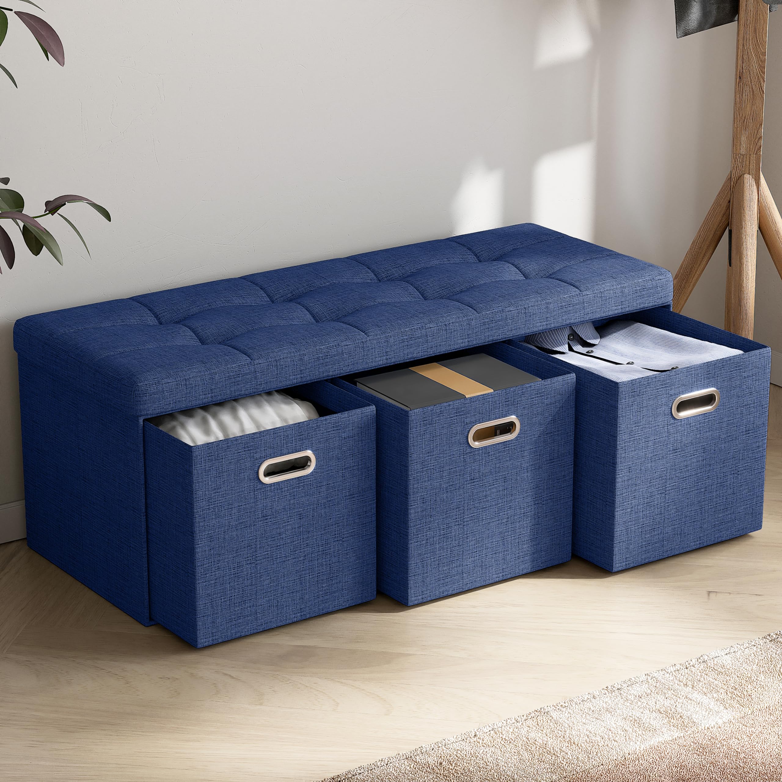 Ornavo Home Storage Ottoman with 3 Drawers, 40 Inches Long Foldable Tufted Linen Large Bench Ottoman with Storage, Foot Rest Stool Seat, for Living Room, Bedroom, Entryway, Navy Blue