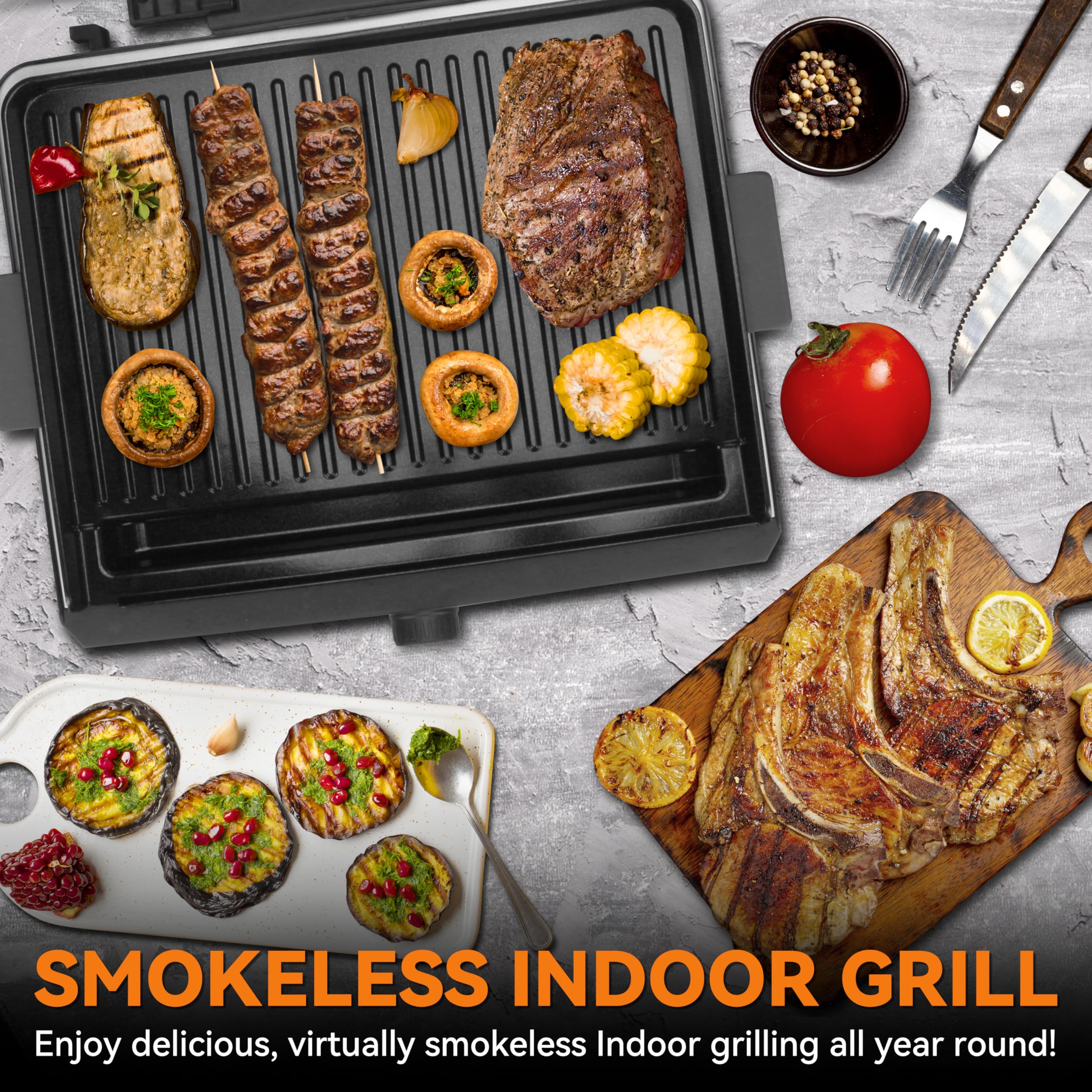 Baker's Friend Smokeless Indoor Grill with Removable Plates, Portable BBQ Grill, Electric Grill Indoor, Indoor Grills Electric Smokeless, Cooking & Grilling Gifts, Recipes Included, Graphite