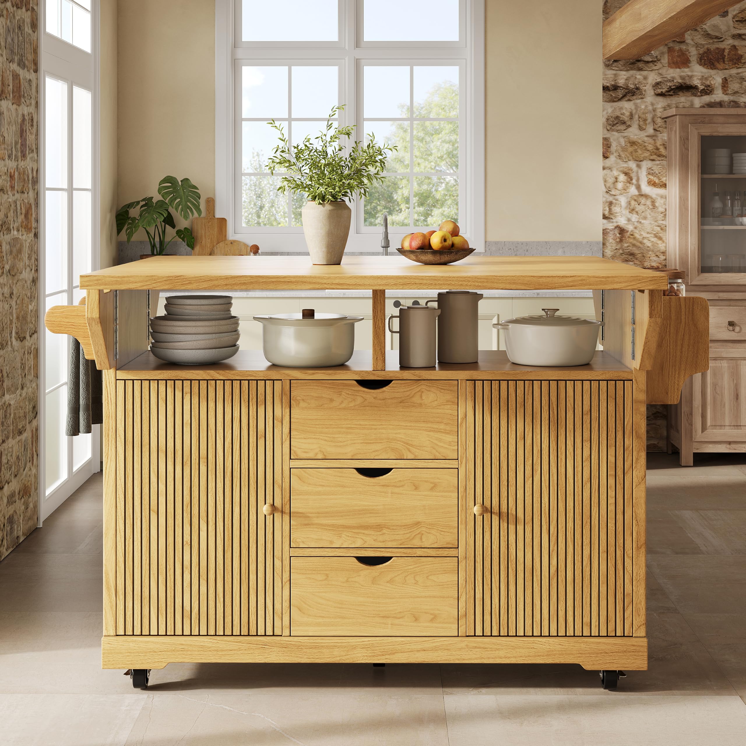 Shye Carrito para servir con extensión de mesa plegable, 95 cm de altura ergonómica, cajones, encimera, ruedas con bloqueo, color marrón