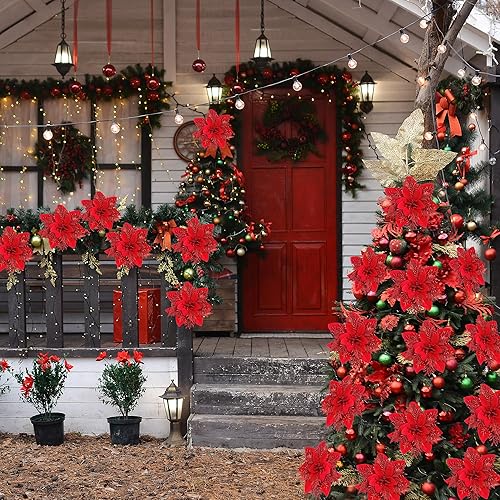 Miniatura 5 de Sggvecsy 24 flores de Pascua con purpurina para árbol de Navidad, adornos artificiales de flores de Navidad con clips para coronas de Navidad,