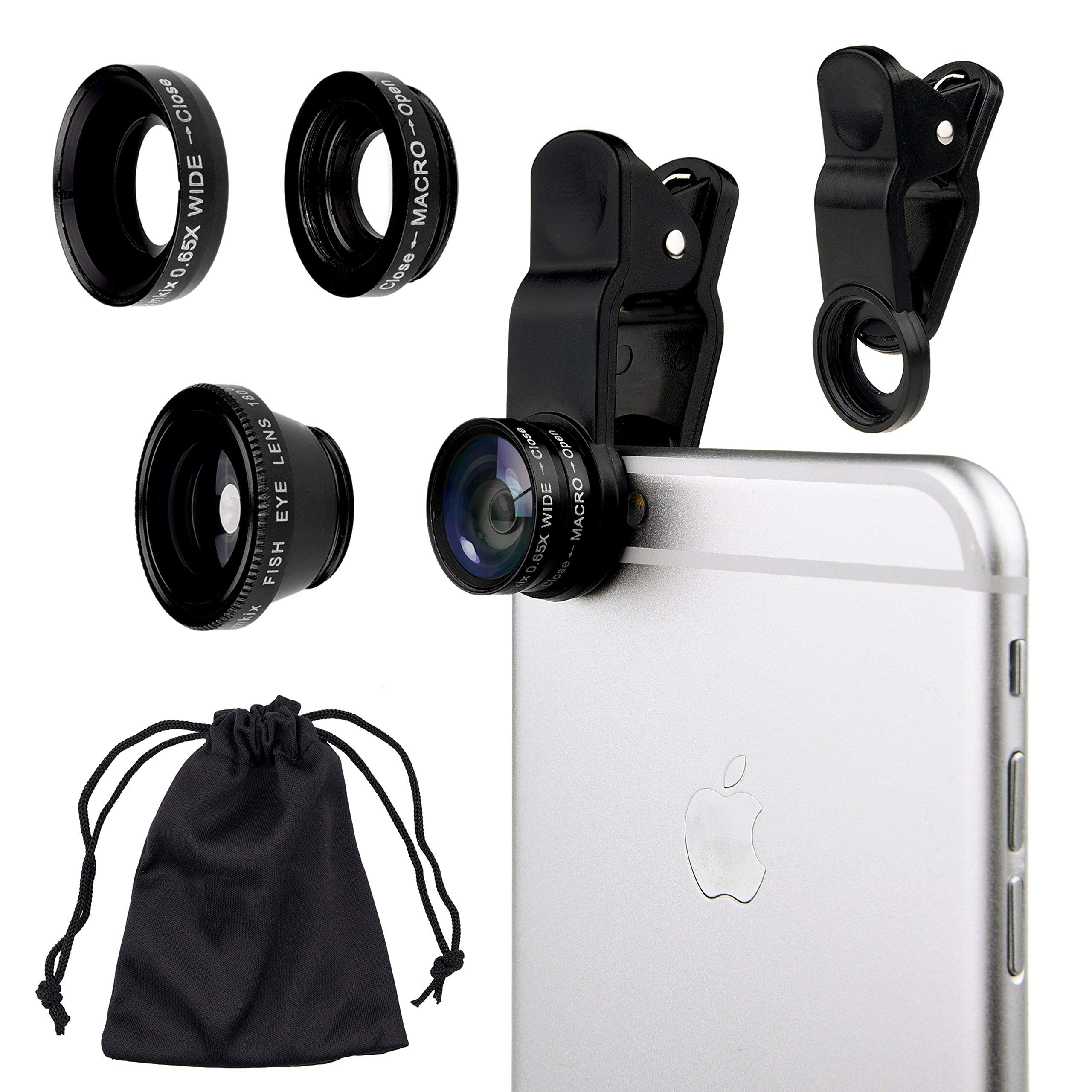 eWINNER 3 in 1 Universal Cell Phone Camera Lens Kit 180° Fish Eye Lens/0.67X Wide Angle Lens/25X Macro Lens/Lens Clip Compatible with iPad iPhone Samsung Android and Most Smartphones (Black)