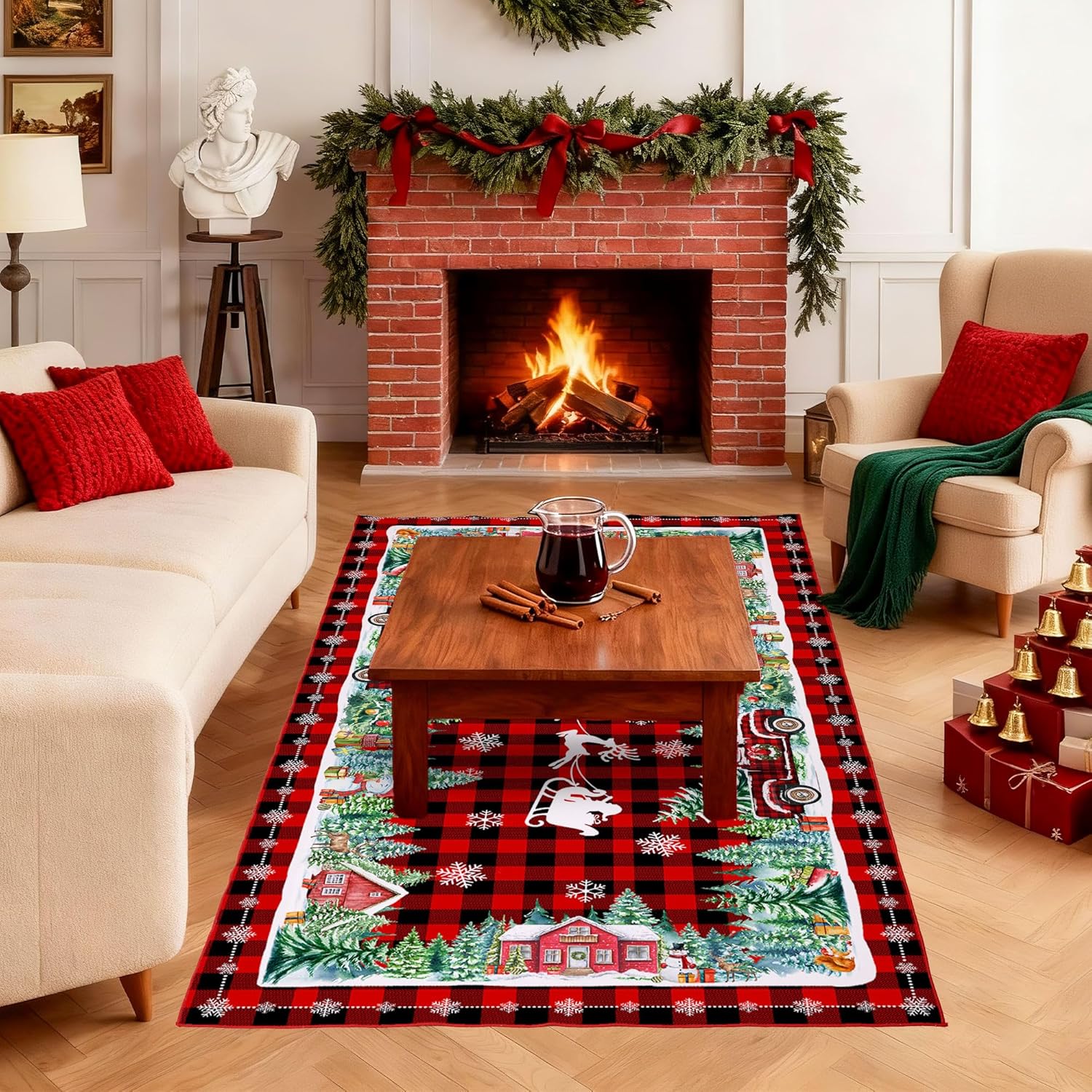 Condition photo showing Good Condition for Christmas Area Rug 3x5, Red Plaid Truck Rugs - Xmas Washable Non Slip Low Pile Christmas Carpet for Living Room Bedroom Hallway Holiday Decor