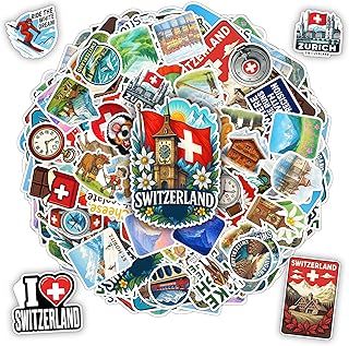 BETANAS 100 PCS Switzerland Stickers Pack, Vinyl Waterproof Decals of Zurich Alps Matterhorn Swiss Flag Cheese Chocolate Travel Souvenirs, Gift for Kids Teens Adults Scrapbook Laptop Water Bottle Car