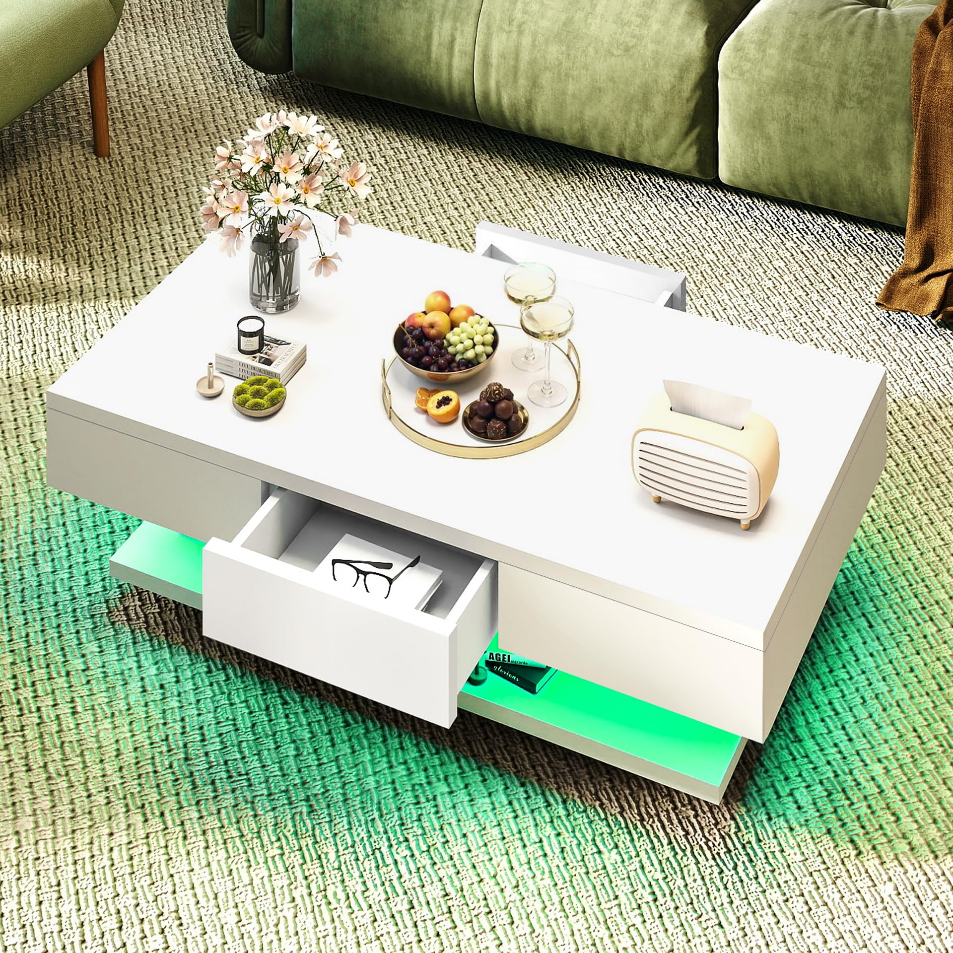 Couchtisch, Modern Sofatisch Wohnzimmertisch mit 2 Schublade, Wohnzimmertisch Hochglanz Modern, Beistelltisch Weiss mit Offenem Ausstellungsregal Weiß, 100 * 60 * 35cm(LED Nicht enthalten)
