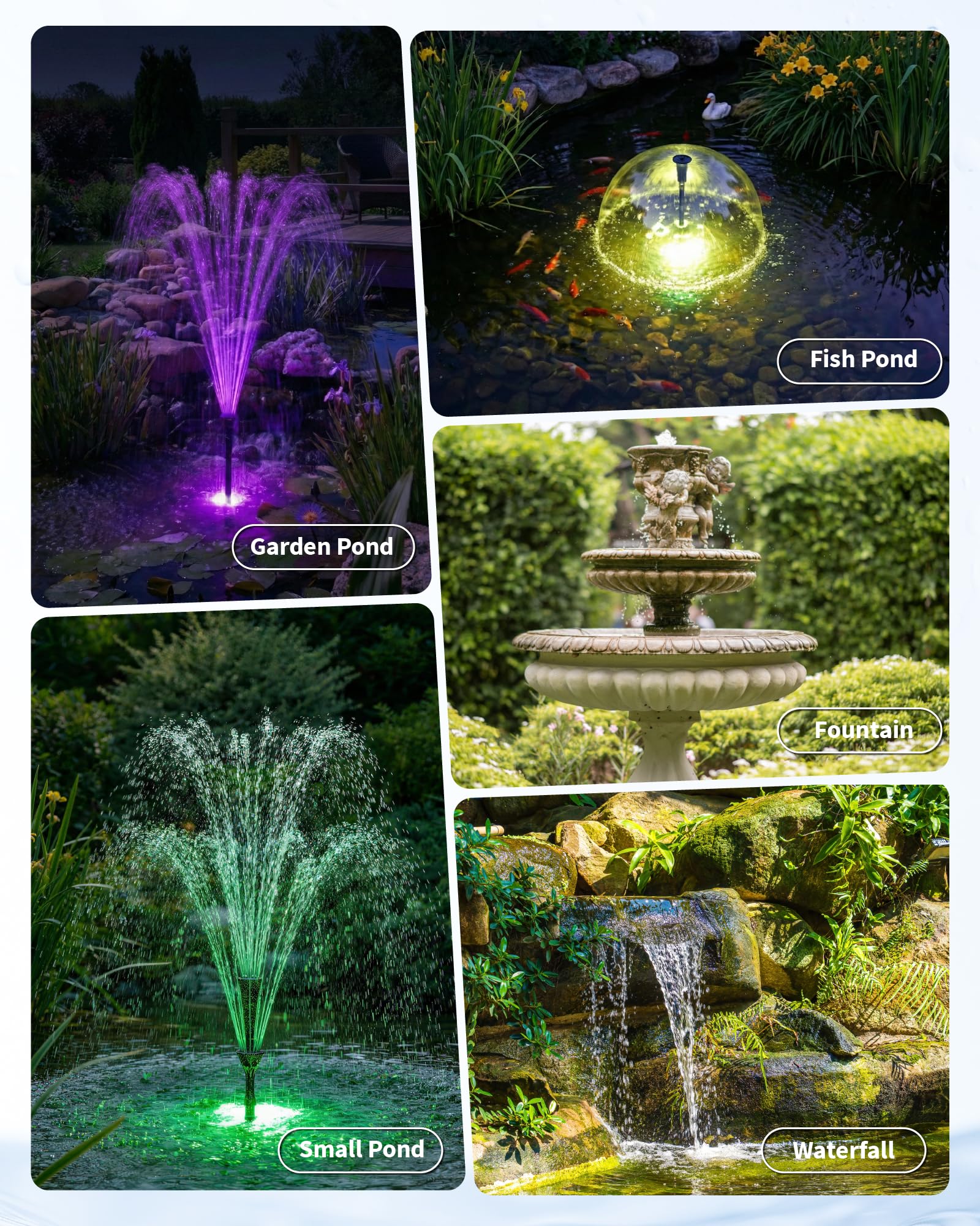 POPOSOAP Fuente para Estanque con Luces RGB - Bomba Sumergible 40W, Caudal 2100 l/h, Altura y Caudal Ajustables para Decoración Diurna y Nocturna del Estanque y Mejora de la Calidad del Agua