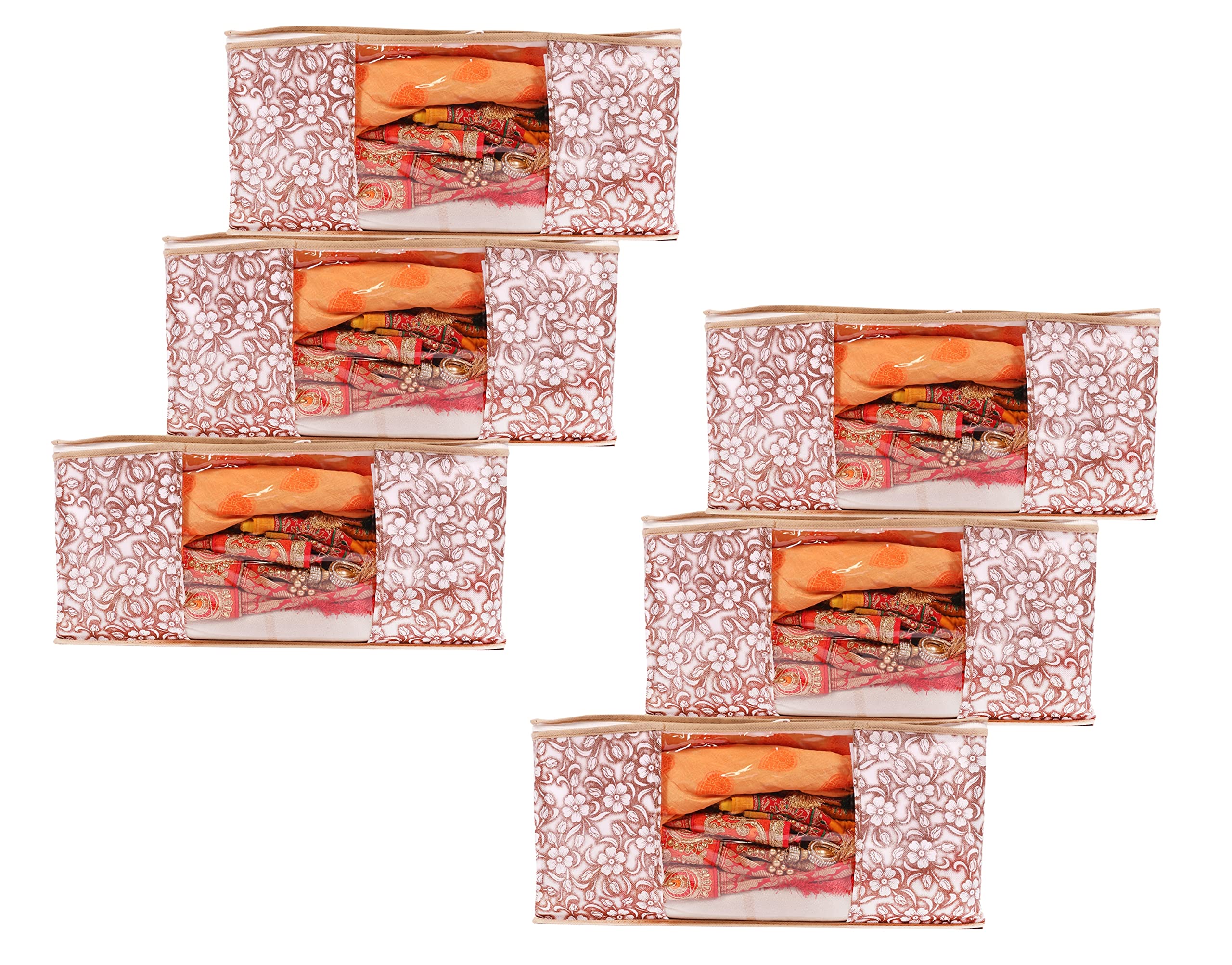 PENADIANon Woven Fabric Saree Cover/Clothes Organizer Printed Design & Transparent Window|Zipper Closure With Foldable Material|Size 46 x 32 x 22, Pack of 6 (PACK 6, BROWN DESIGN-B9)