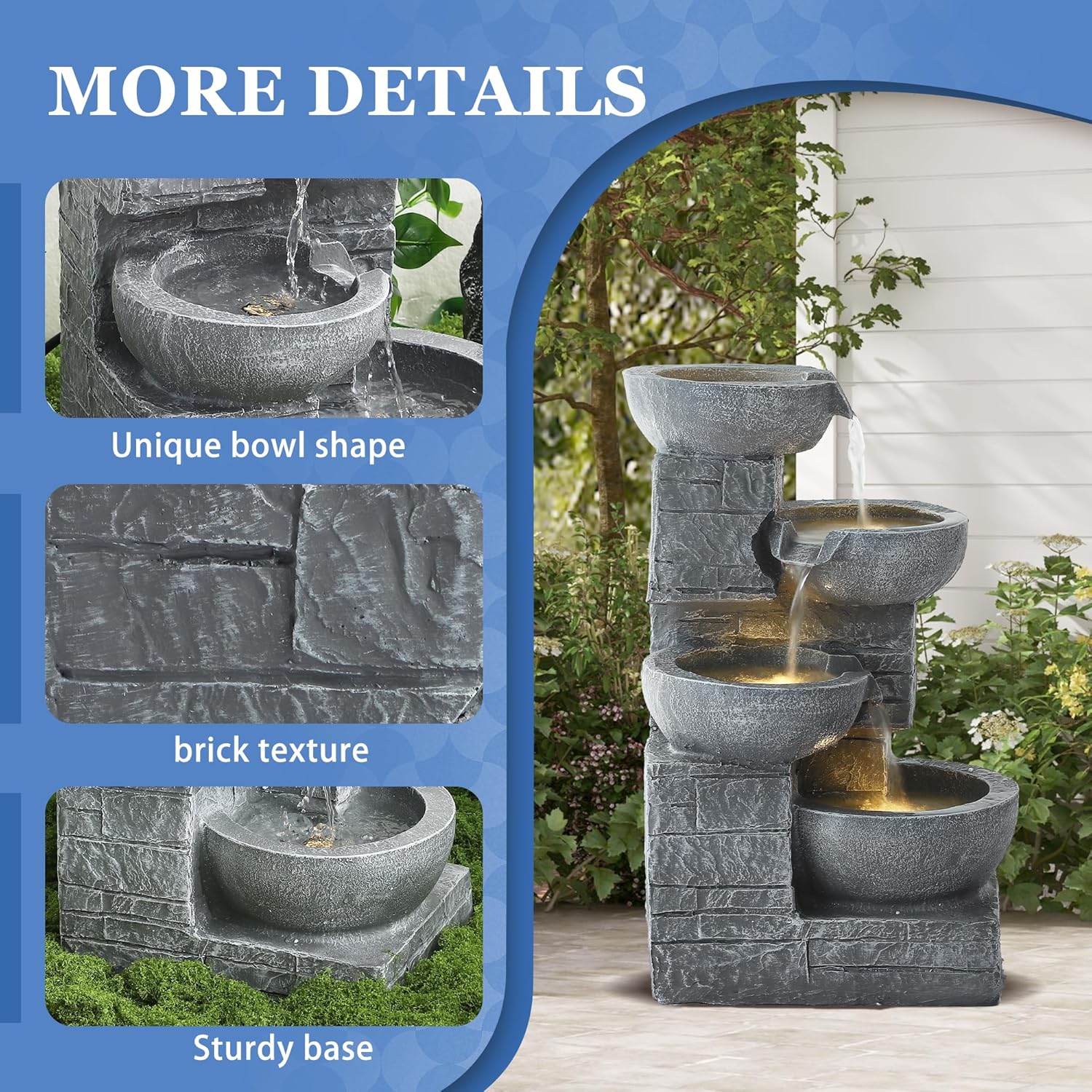Outdoor Water Fountains with Cascading Bowls, 4-Tiers Fountains and Waterfalls w/LED Lights,Indoor Morden Floor Standing Resin Water Feature for Garden Patio Backyard Home Decor (Light Grey)