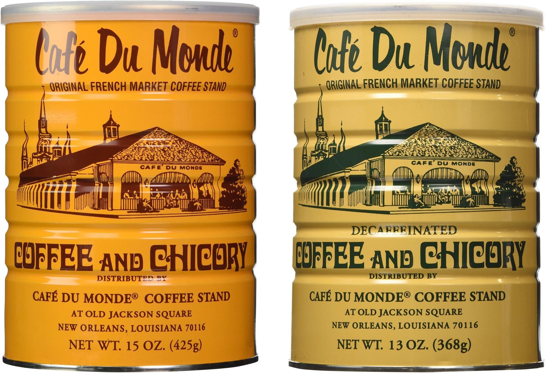 Cafe Du MondeCoffee and Chickory and Decaf Blend Bundle. New Orleans Coffee Bundle Includes One 15 ounce Original Coffee And One 13 Ounce Decaffeinated.