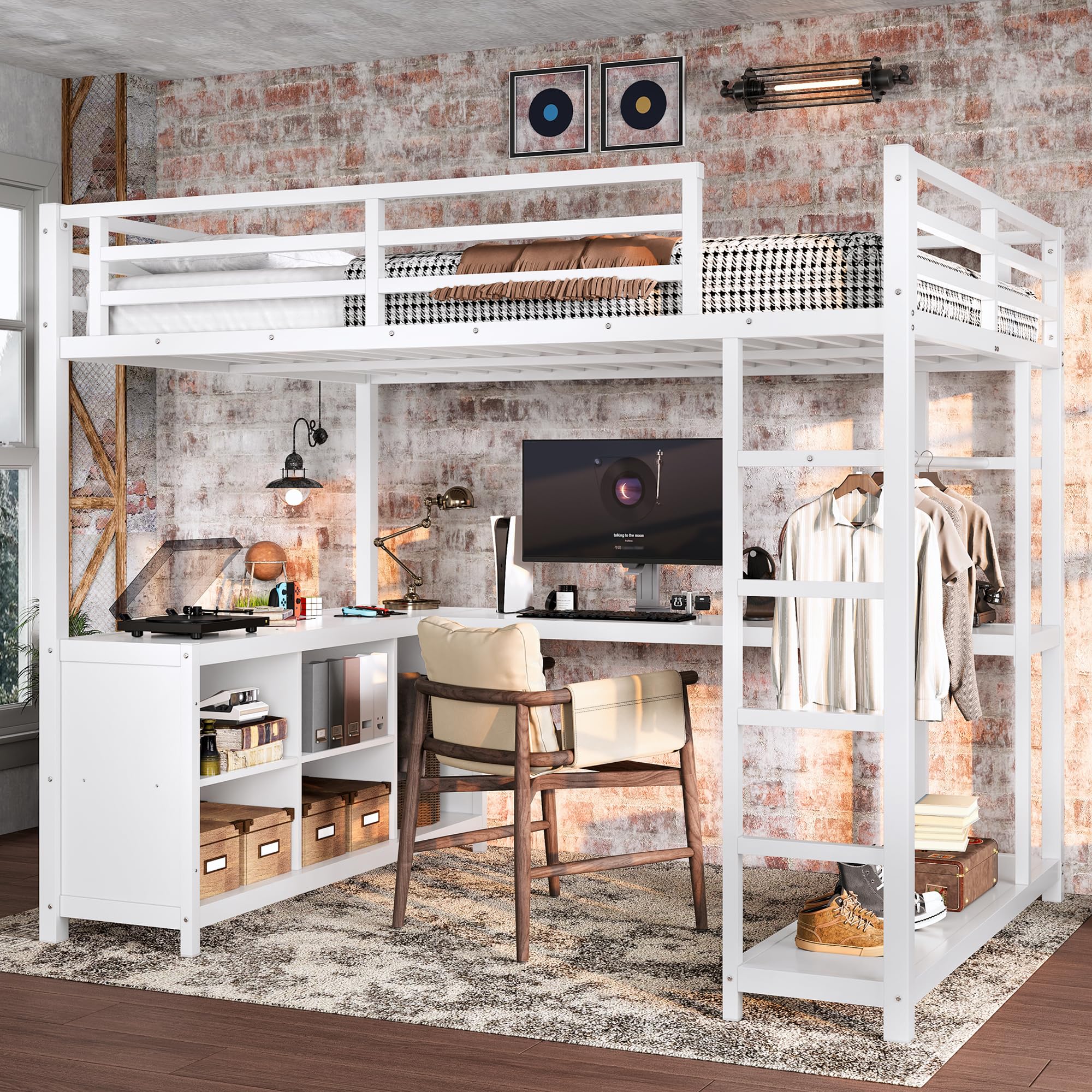 Photo 1 of ***MISSING HARDWARE AND SHELVES*** Bellemave Full Size Loft Bed with Desk & Wardrobe, All-in-One Metal Loft Beds Frame with Storage, Space Saving Loft Bed Full Size for Teen, Adult, Apartment, Dorm, White