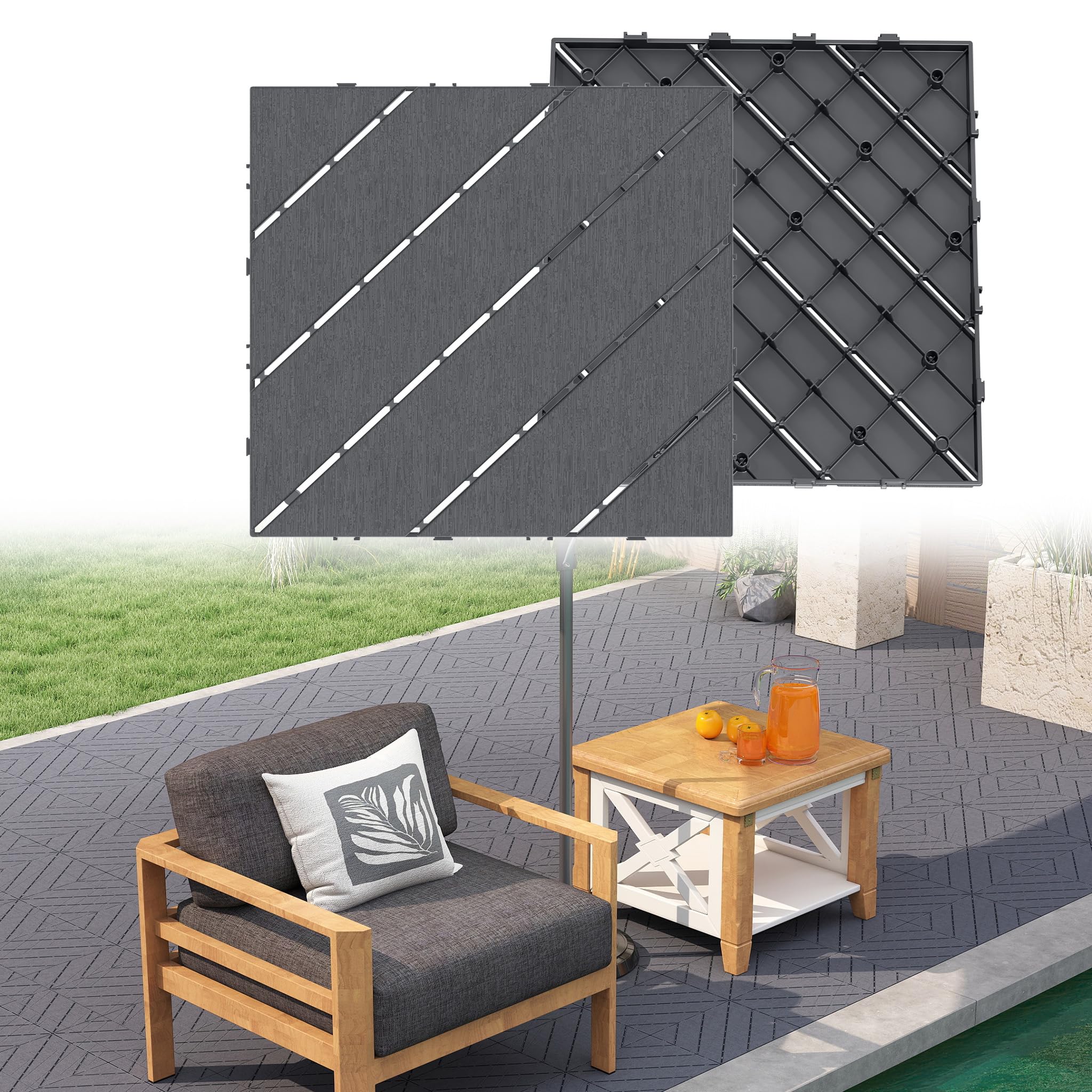 Yunvin Garden Decking Tiles, 30 x 30cm Plastic Composite Interlocking Flooring, Weatherproof Outdoor Drainage Floor Coverings for Patio, Balcony, Pack of 55, Model B