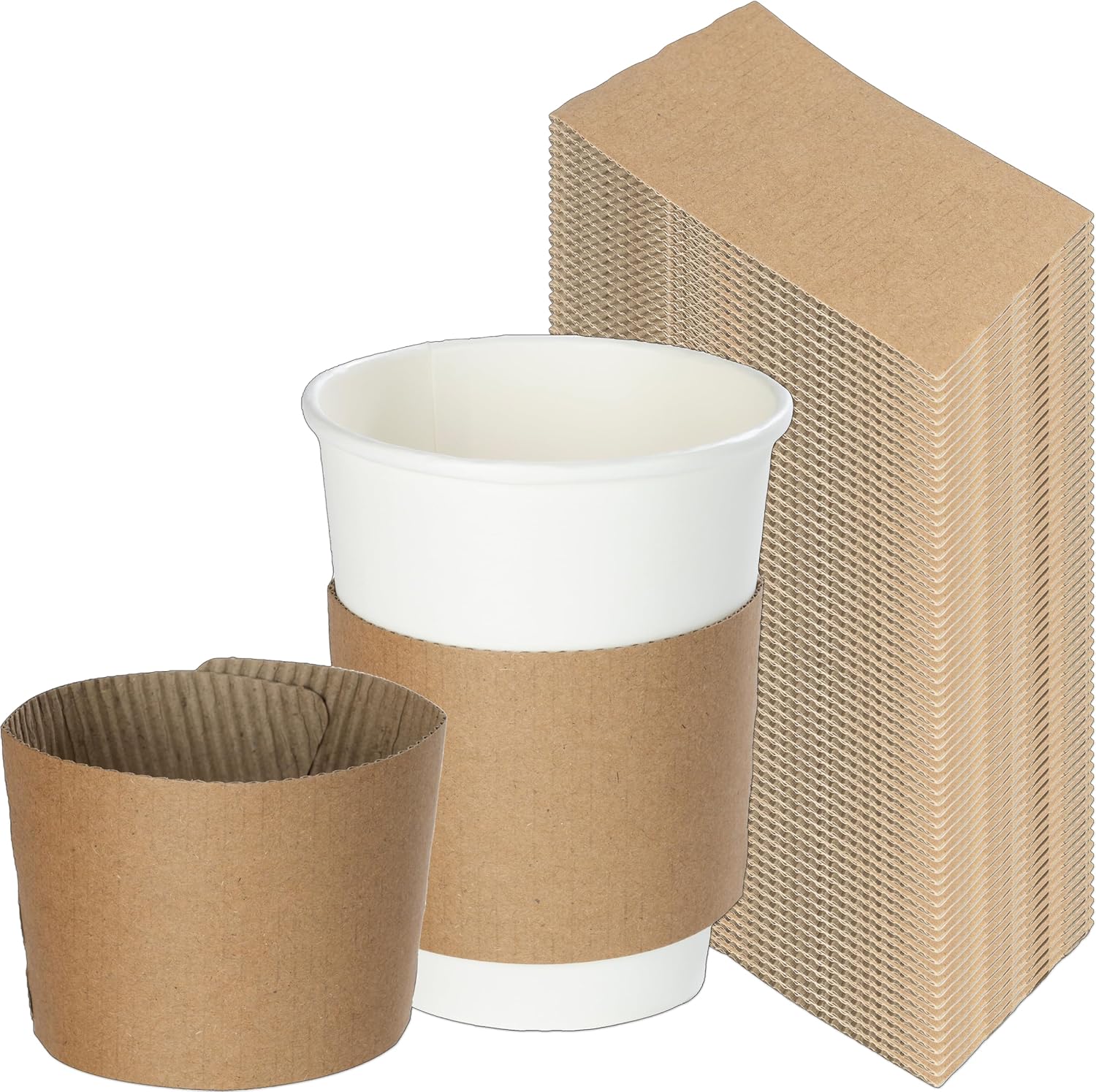 Coffee Sleeves For 10 to 20 oz. Cups (500 Pack) - Disposable Kraft Corrugated Cardboard Paper Jacket For Better Grip, Hot Cold Drinks Holder, Chocolate Milk Tea Beverage Insulator, Hand Protection