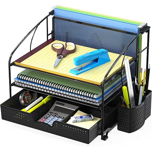 Simple Houseware Desk Organizer 3 Tray w/Sliding Drawer, Hanging File Holder and Pen Holder Accessory, Black