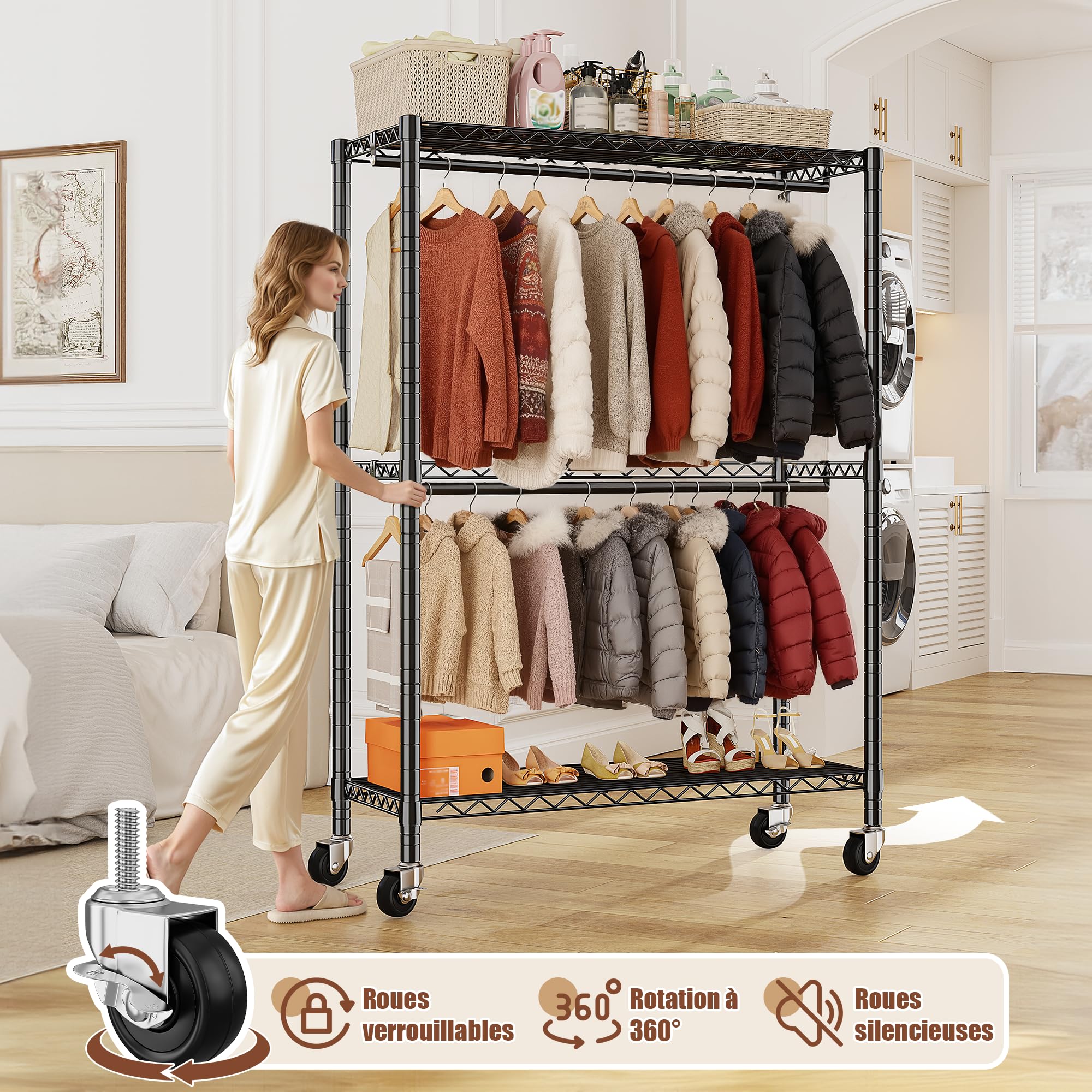 90 * 40 * 200cm Portant à Vêtements Solide à Roulettes avec Plateaux | 90 * 40 * 200 cm, hauteur modulable, charge maximale 200 KG, penderie vêtement dressing avec étagères réglables, noir